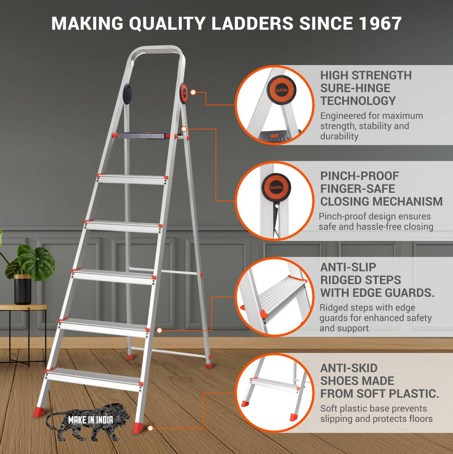 Image of Bathla Advance Pro 6-Step Foldable Aluminium Ladder for Home | Orange | 7-Year Warranty Aluminium Ladder