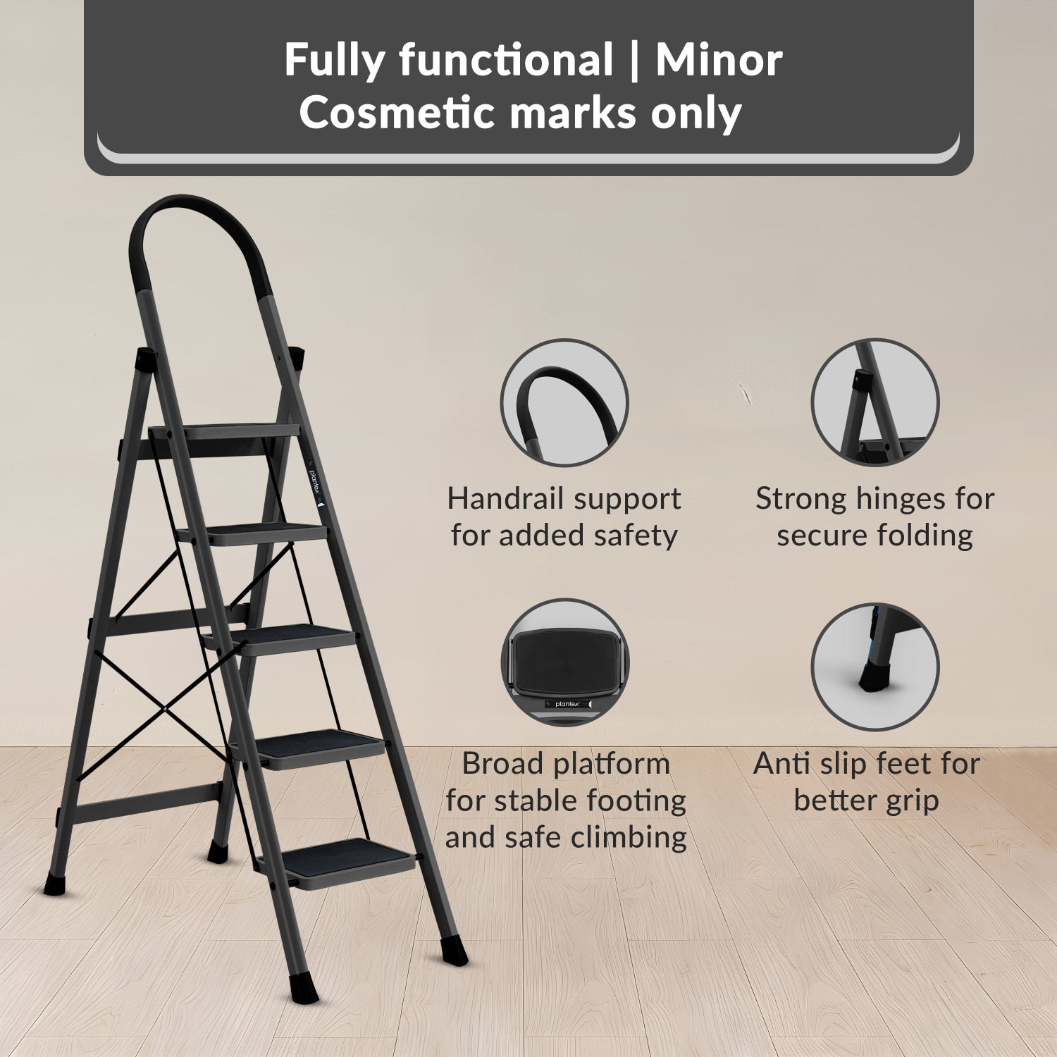 Image of Plantex 5 Step Ladder for Home /Minor Surface Marks /Strong Foldable Anti-Skid Ladder-APEX Steel Ladder