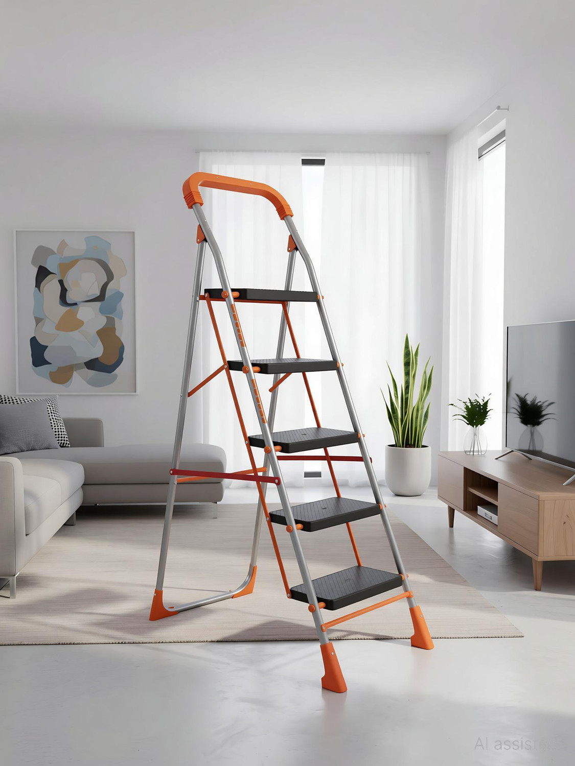 Image of PARASNATH 5 Steps Orange Diamond Heavy Folding Ladder with Wide Steps 5.1 FT Mild Steel Ladder