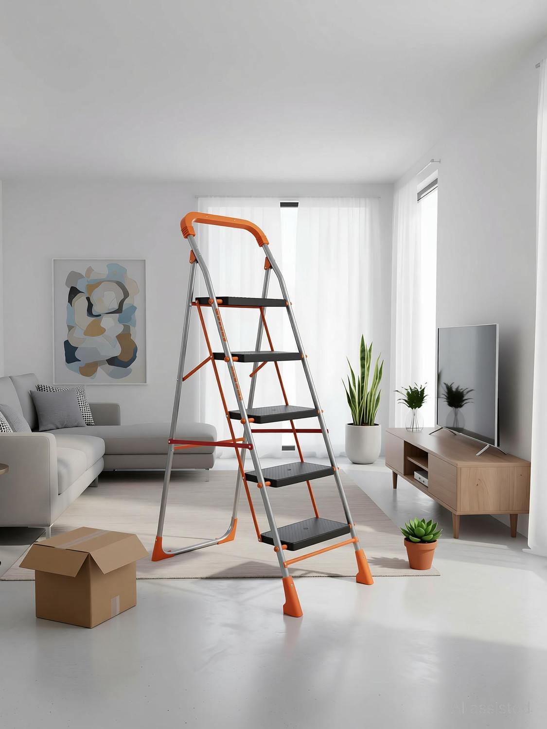Image of PARASNATH 5 Steps Orange Diamond Heavy Folding Ladder with Wide Steps 5.1 FT Mild Steel Ladder
