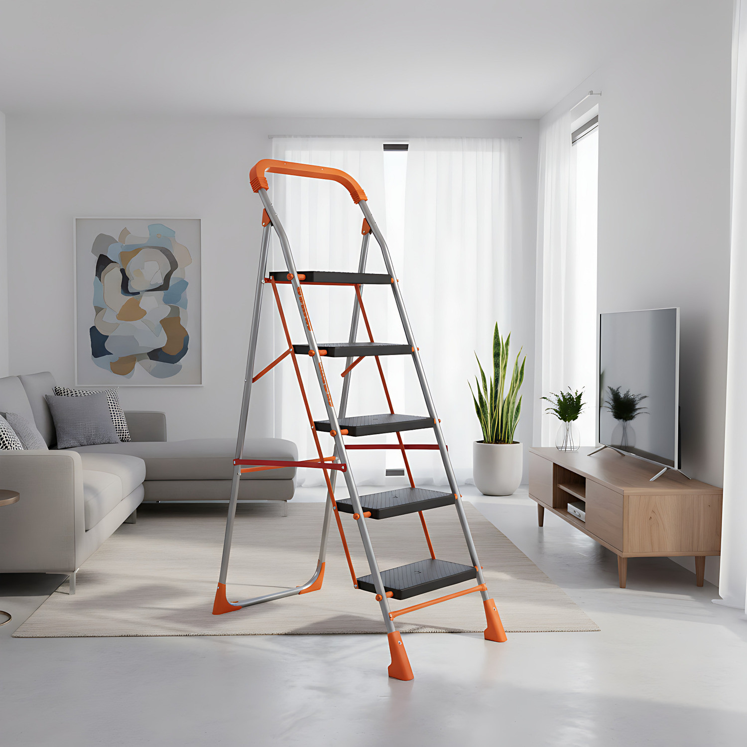 Image of PARASNATH 5 Steps Orange Diamond Heavy Folding Ladder with Wide Steps 5.1 FT Mild Steel Ladder