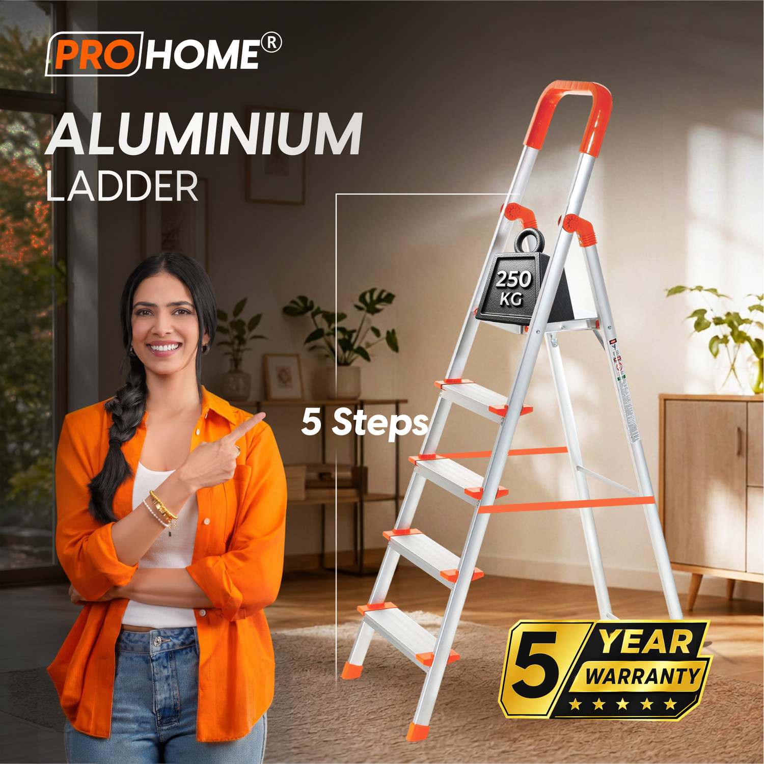 Image of ProHome 5 Steps Premium Heavy Platform Aluminum Ladder for Household with 5 Anti Skid shoes Aluminium Ladder