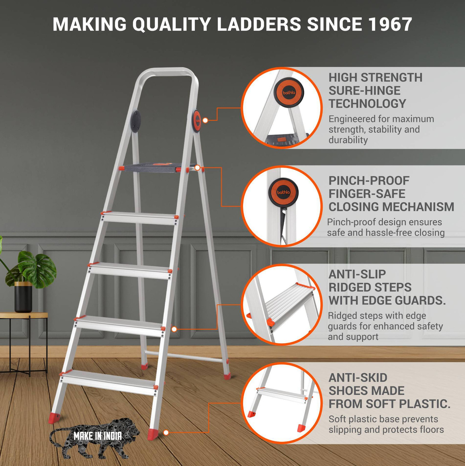 Image of Bathla Advance Pro 5-Step Foldable Aluminium Ladder for Home | Orange | 7-Year Warranty Aluminium Ladder