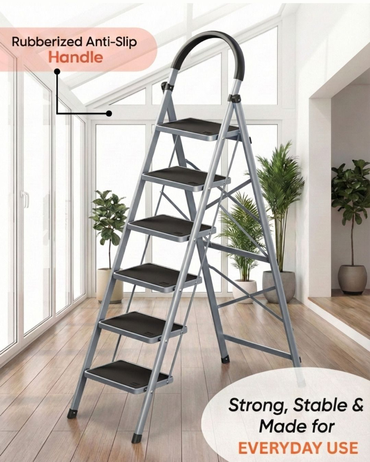 doodad - HIGH Grey 6 Step Foldable Ladder | Anti-Skid | 150Kg Load | Home & Office Steel Ladder