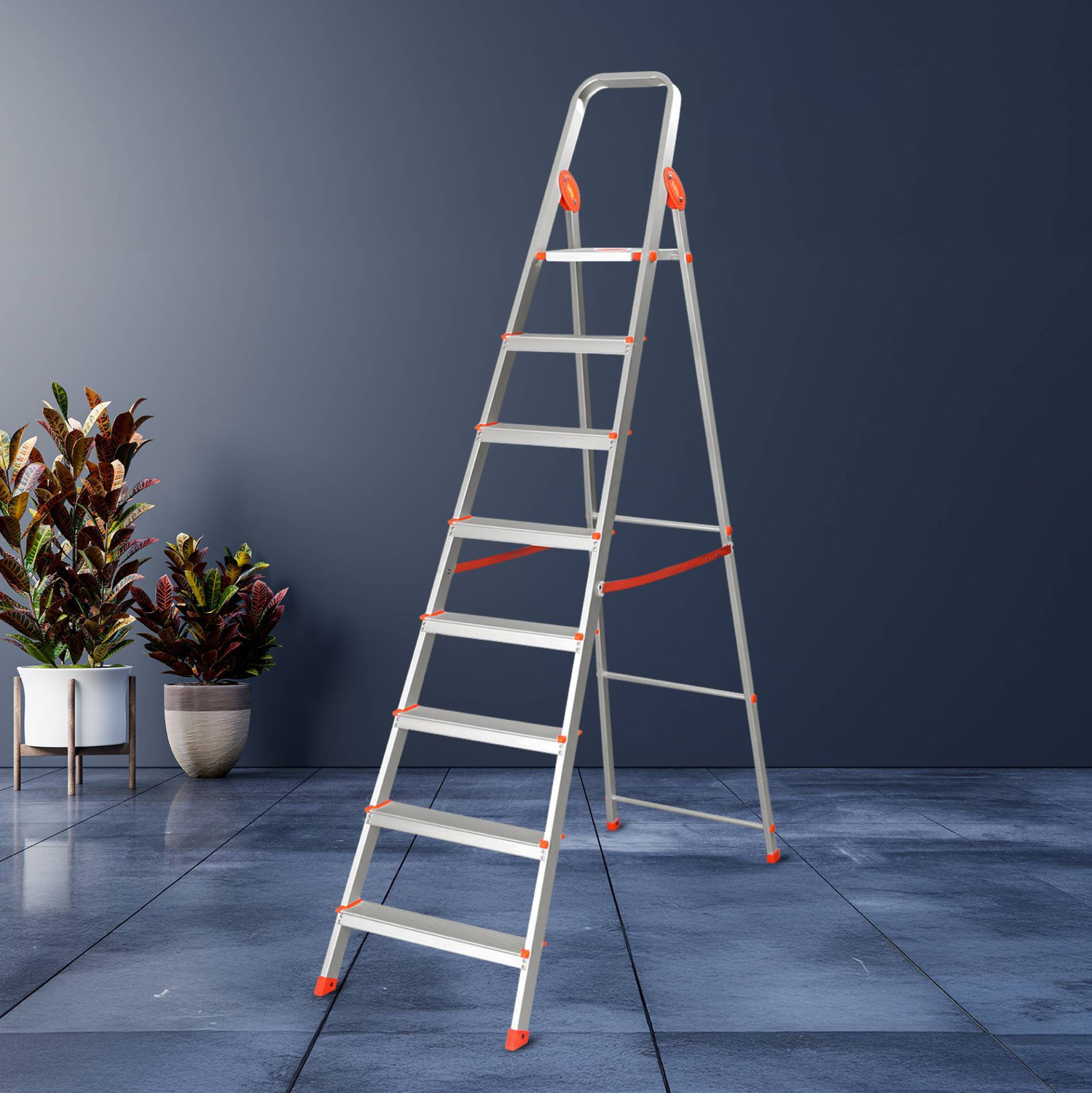 Image of Bathla Advance 8-Step Foldable Aluminium Ladder for Home | Orange | 5-Year Warranty Aluminium Ladder