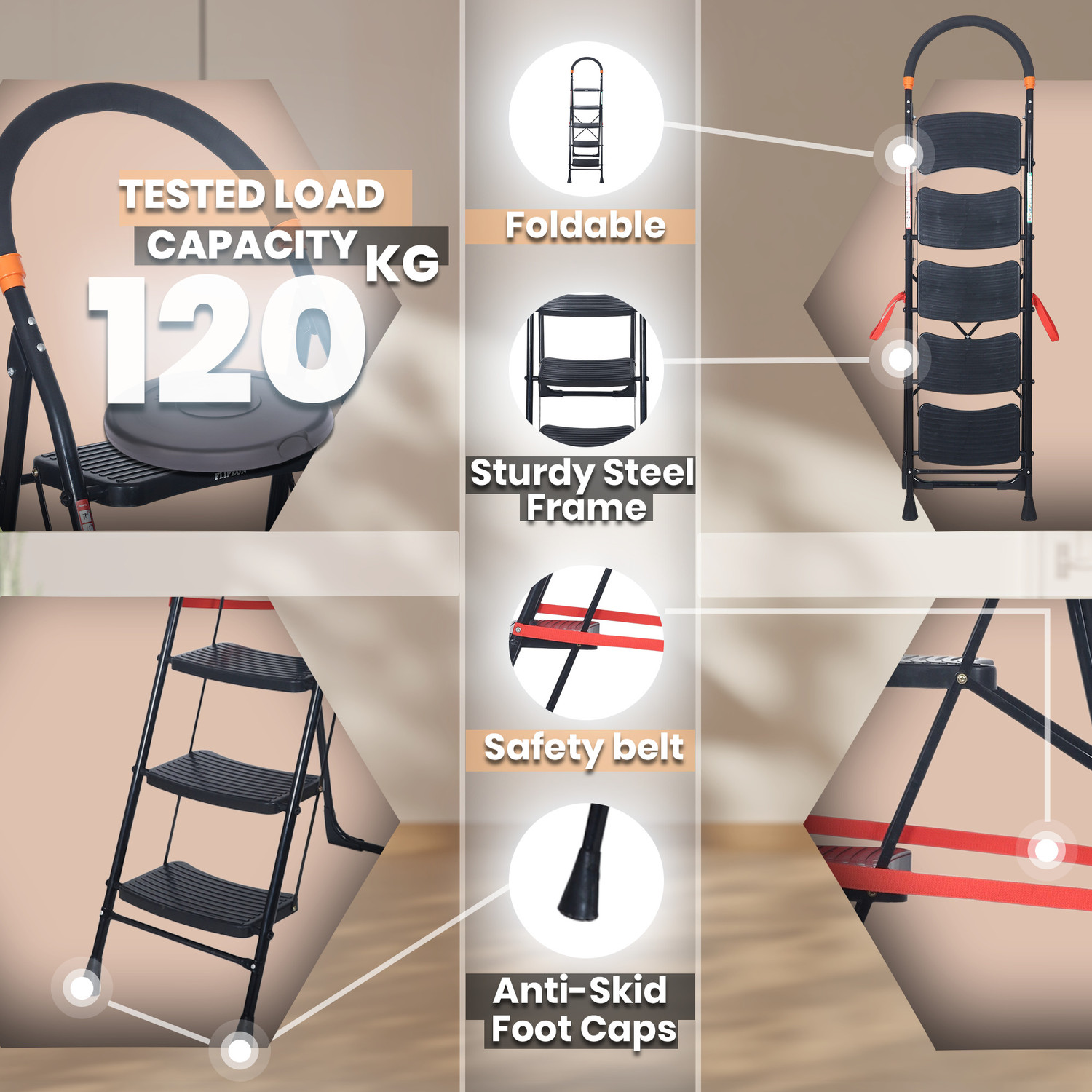 Image of FLIPZON Cameo 5-Step Heavy Duty Foldable Ladder for Home with Anti Skid Shoes Steel Ladder