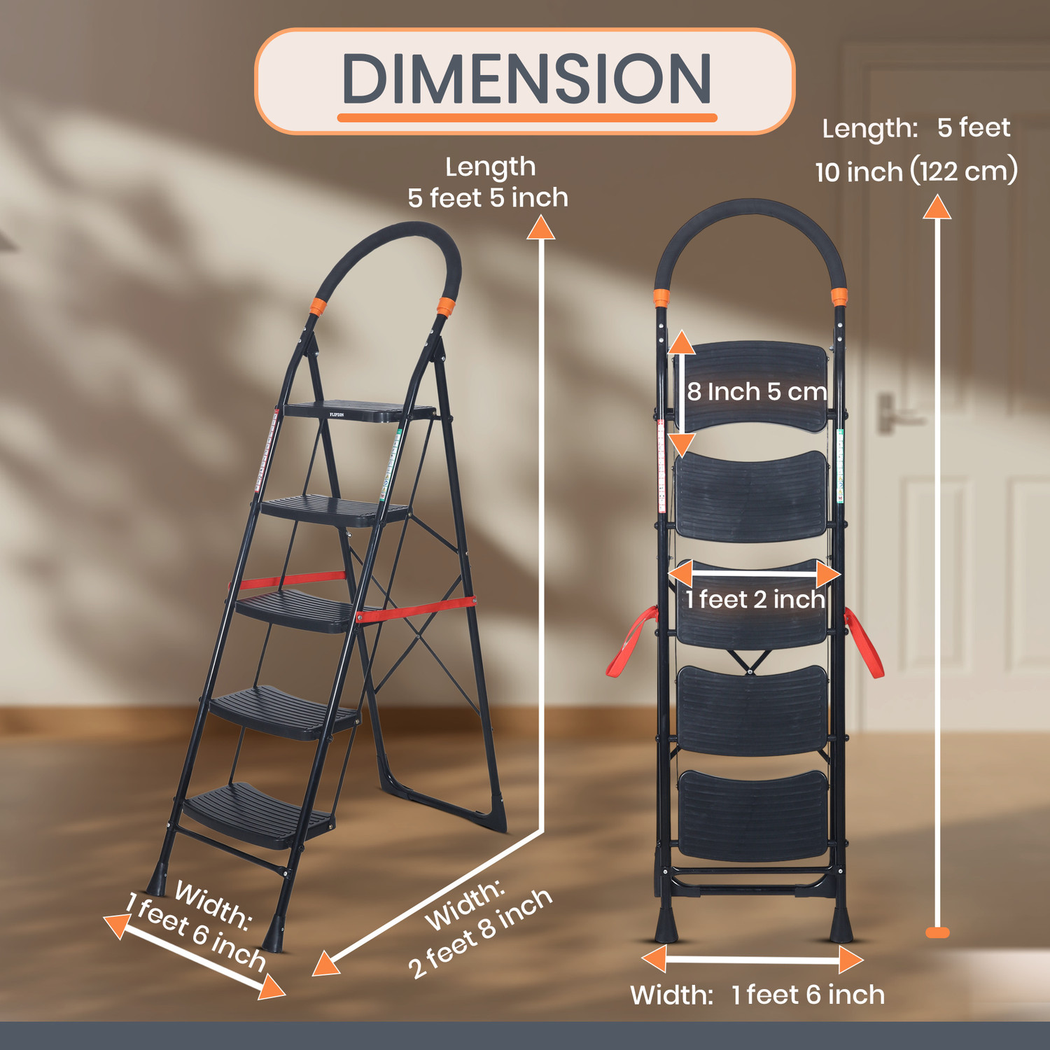 Image of FLIPZON Cameo 5-Step Heavy Duty Foldable Ladder for Home with Anti Skid Shoes Steel Ladder
