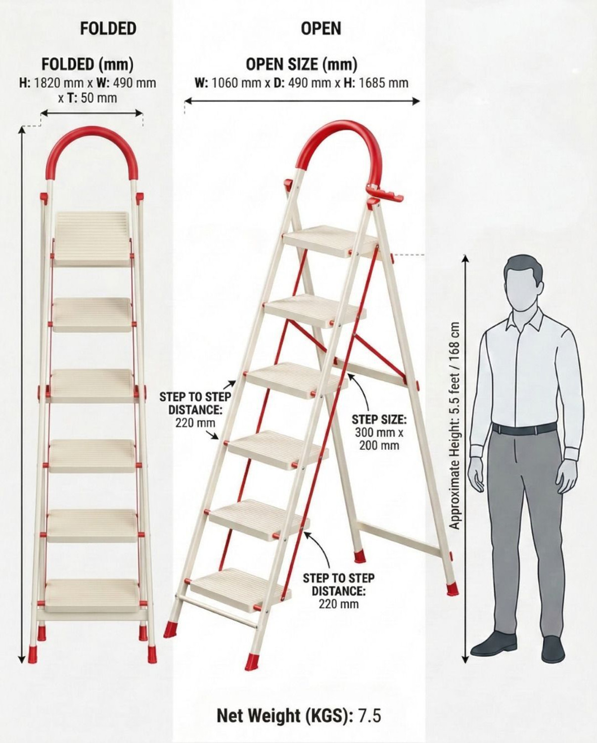 Image of doodad - GLOW 6 Step Foldable Ladder |Anti-Skid| 151Kg load |White & Red| Home & Office Steel Ladder