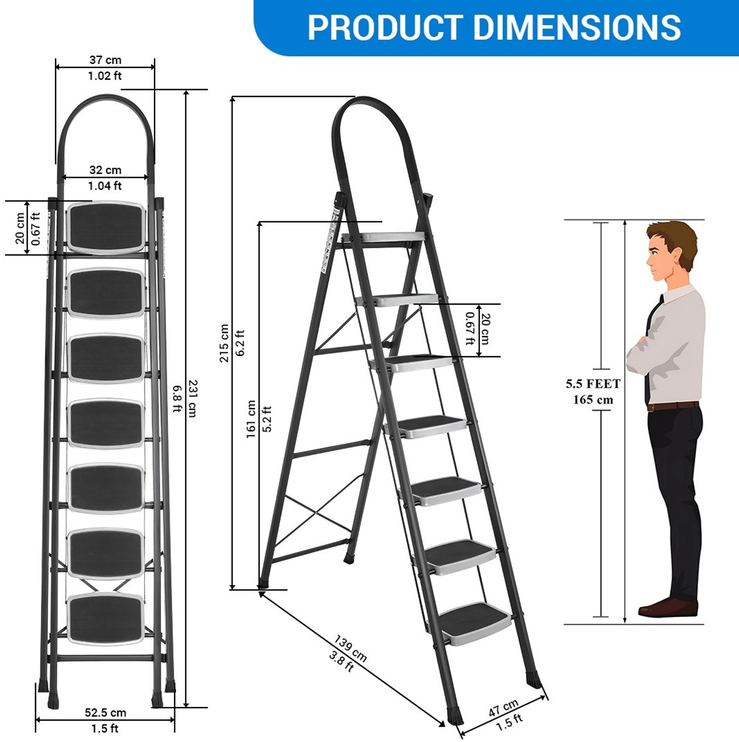 Image of Flipkart SmartBuy Anti-Skid Strong Foldable Wide 7 Step Ladder for Home-Grey Steel Ladder