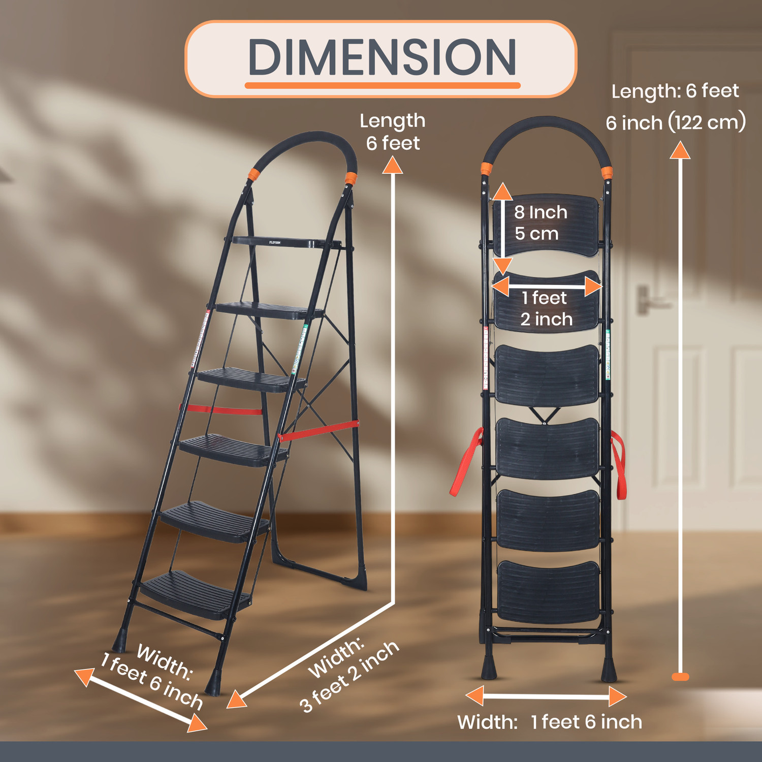 Image of FLIPZON Cameo 6-Step Heavy Duty Foldable Ladder for Home with Anti Skid Shoes Steel Ladder (With Platform, Hand Rail)