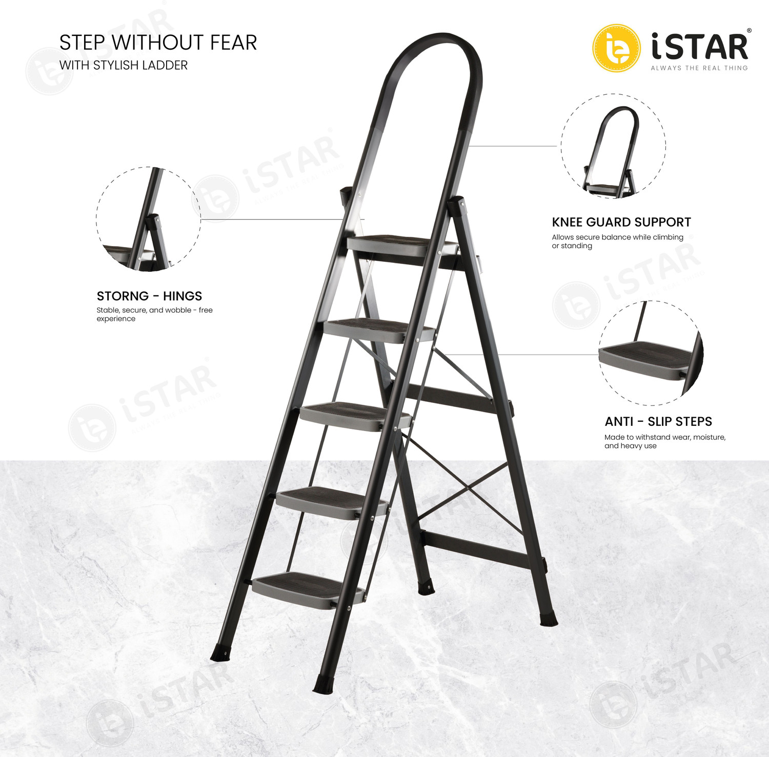 Image of iSTAR Foldable 5-Step Steel Ladder with Hand Grip & Anti-Slip Wide Steps - Durable Steel Ladder