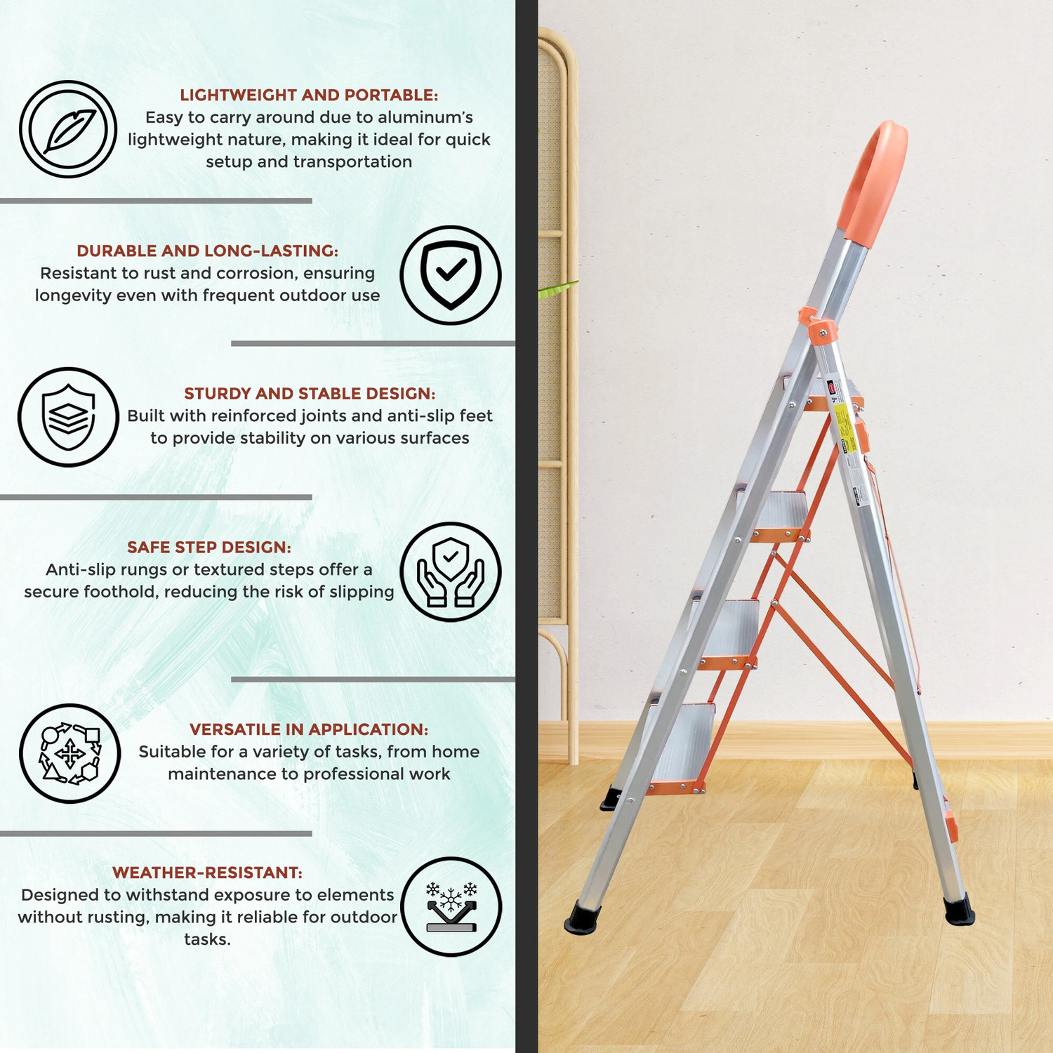 Image of iBELL IBL JY104 4-Step Heavy-Duty Foldable Aluminium Ladder, Anti-Slip Wide Pedals Aluminium Ladder