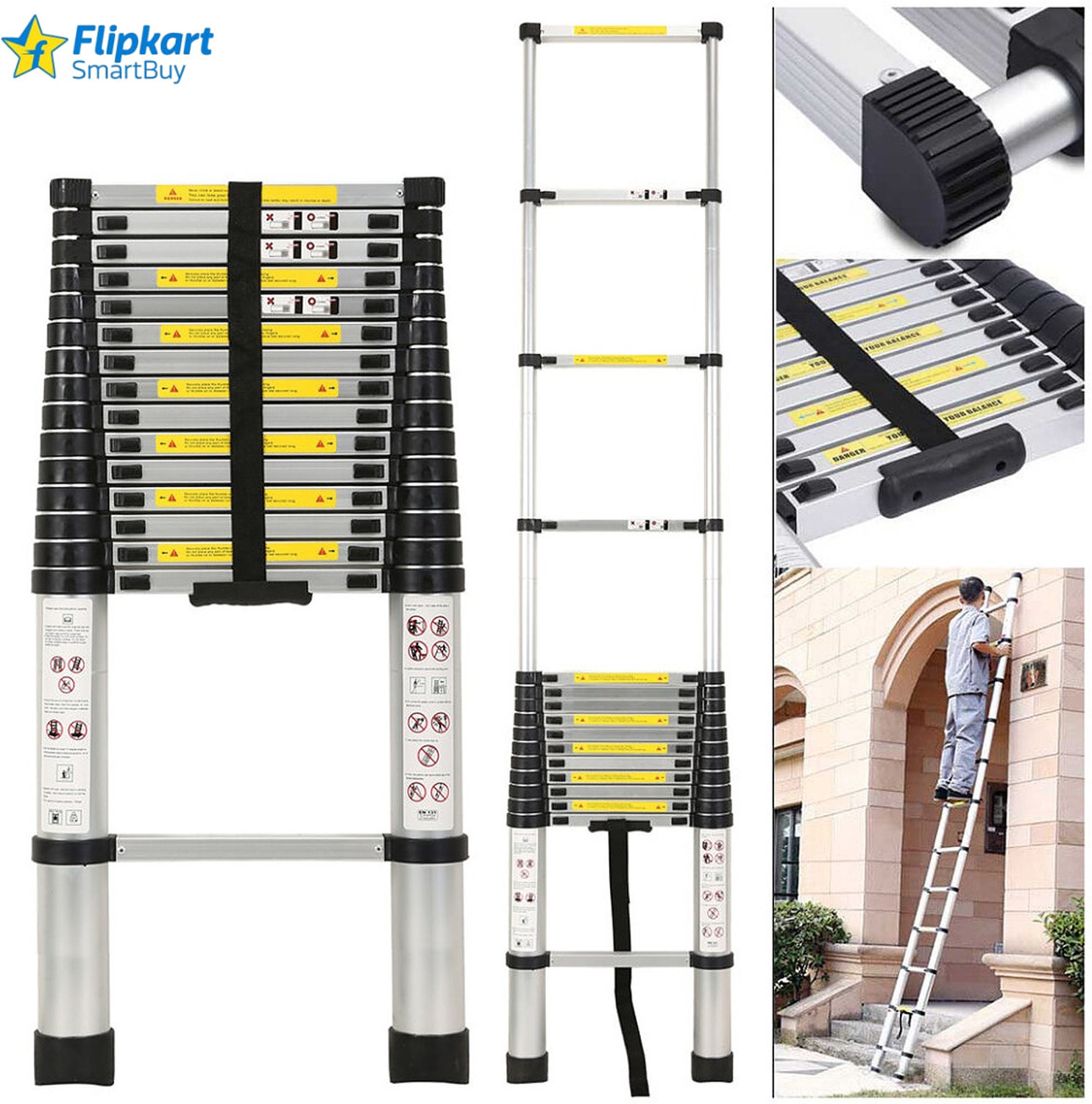 Image of Flipkart SmartBuy 20.4 Feet Portable Lightweight Compact Ultra Stable 6.2 Meter Telescopic Aluminium Ladder