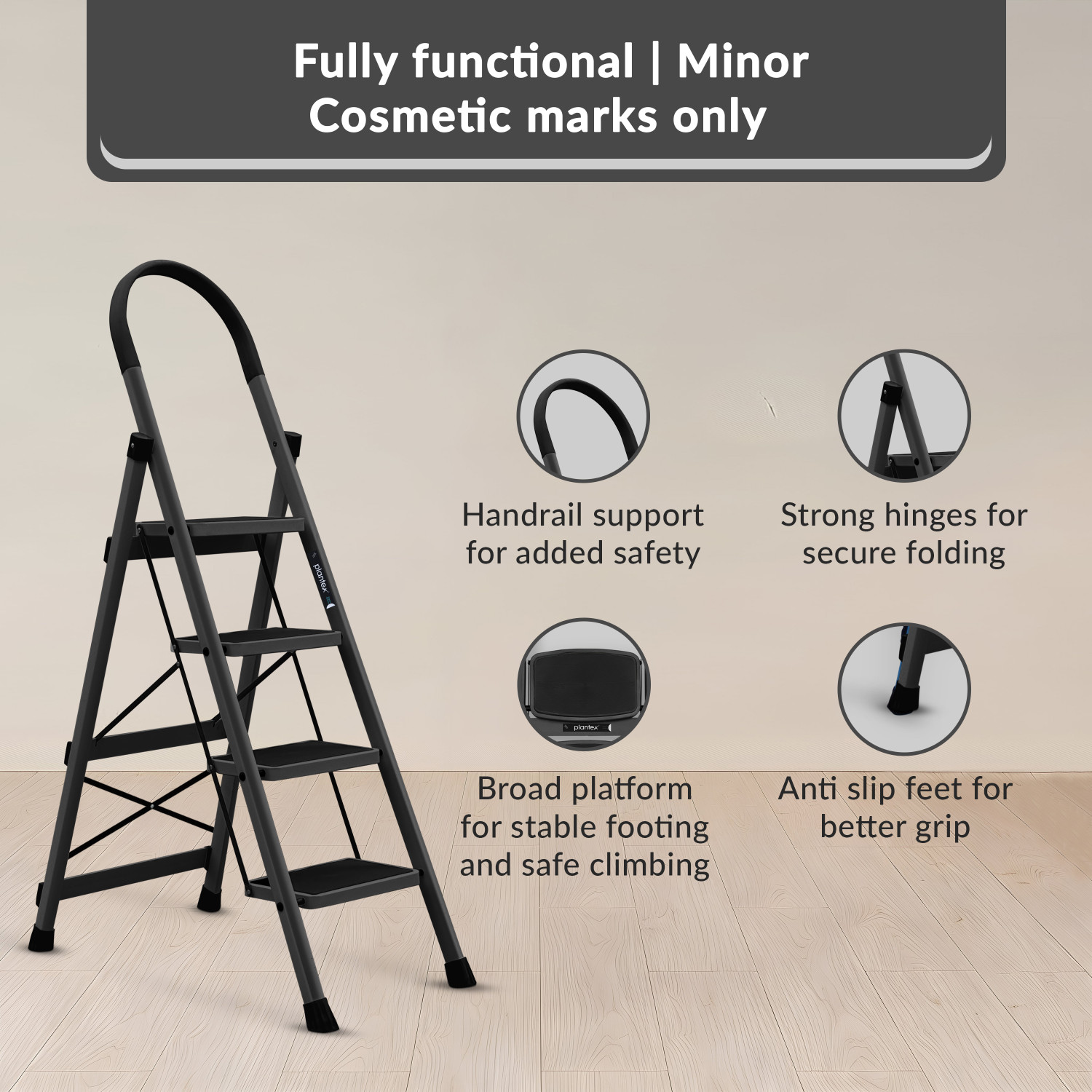 Image of Plantex 4 Step Ladder for Home /Minor Surface Marks /Strong Foldable Anti-Skid Ladder Steel Ladder