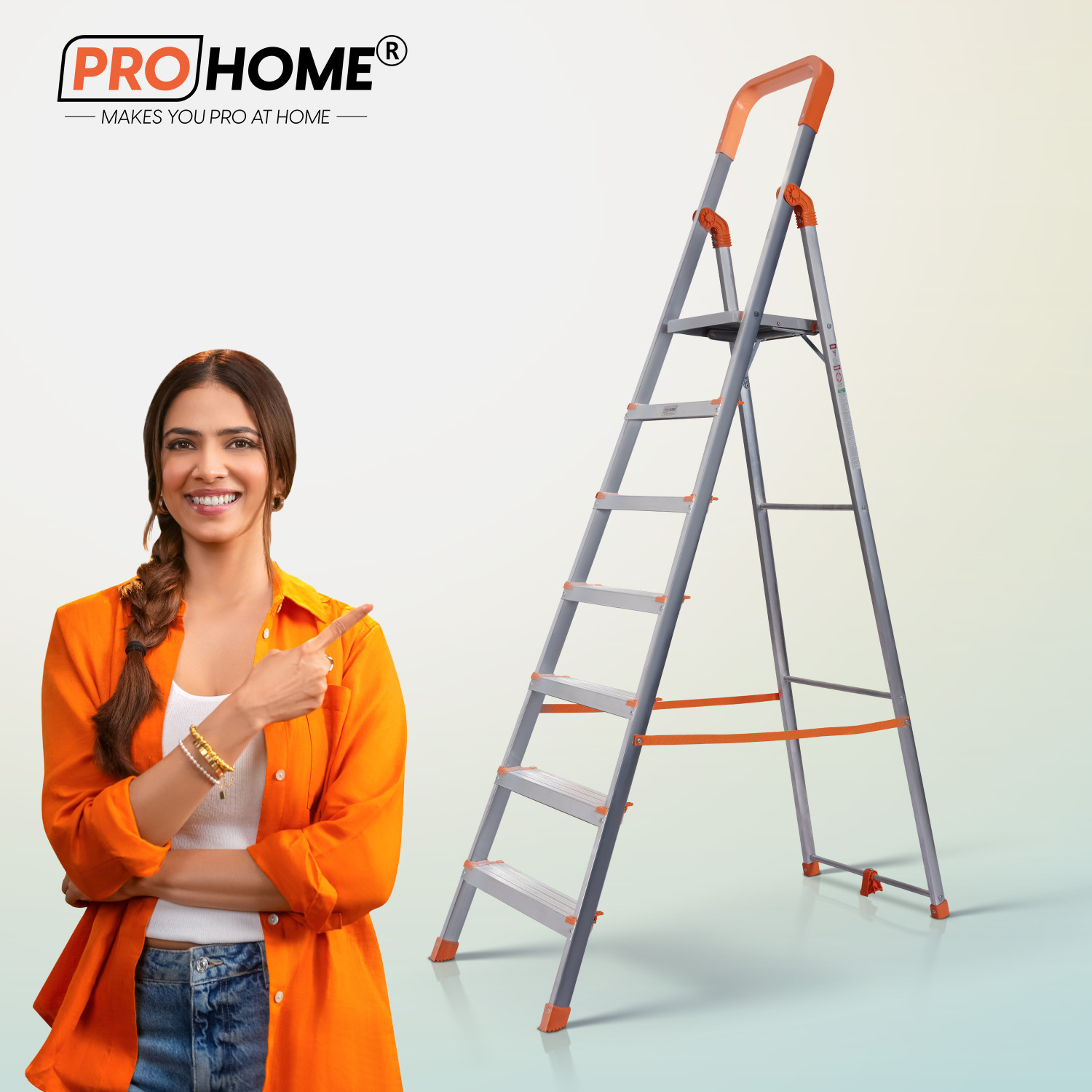 Image of ProHome 7 Steps Premium Heavy Platform Aluminum Ladder for Household with 5 Anti Skid shoes Aluminium Ladder