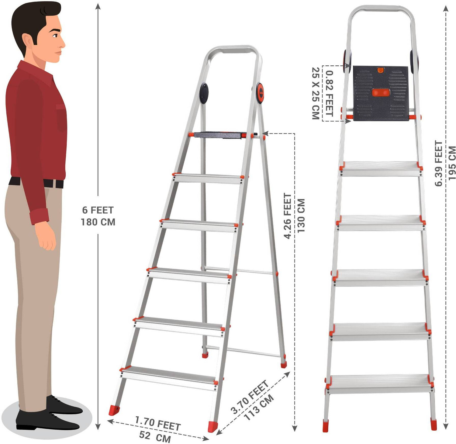 Image of Bathla Advance Pro 6-Step Foldable Aluminium Ladder for Home | Orange | 7-Year Warranty Aluminium Ladder