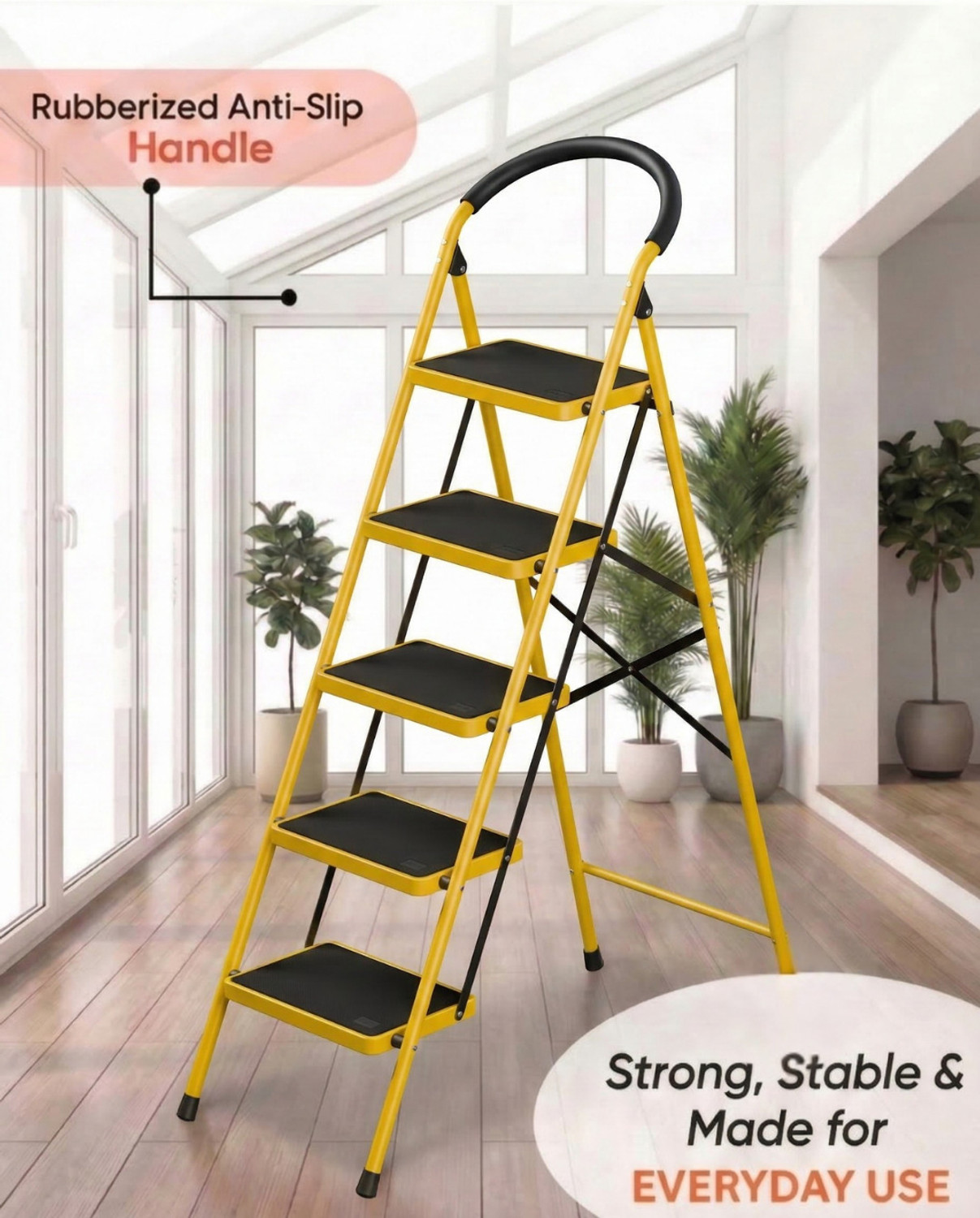 Image of doodad - SAFE 5 Step Yellow Foldable Ladder with Wide Anti-Skid Steps for Home Office Steel Ladder