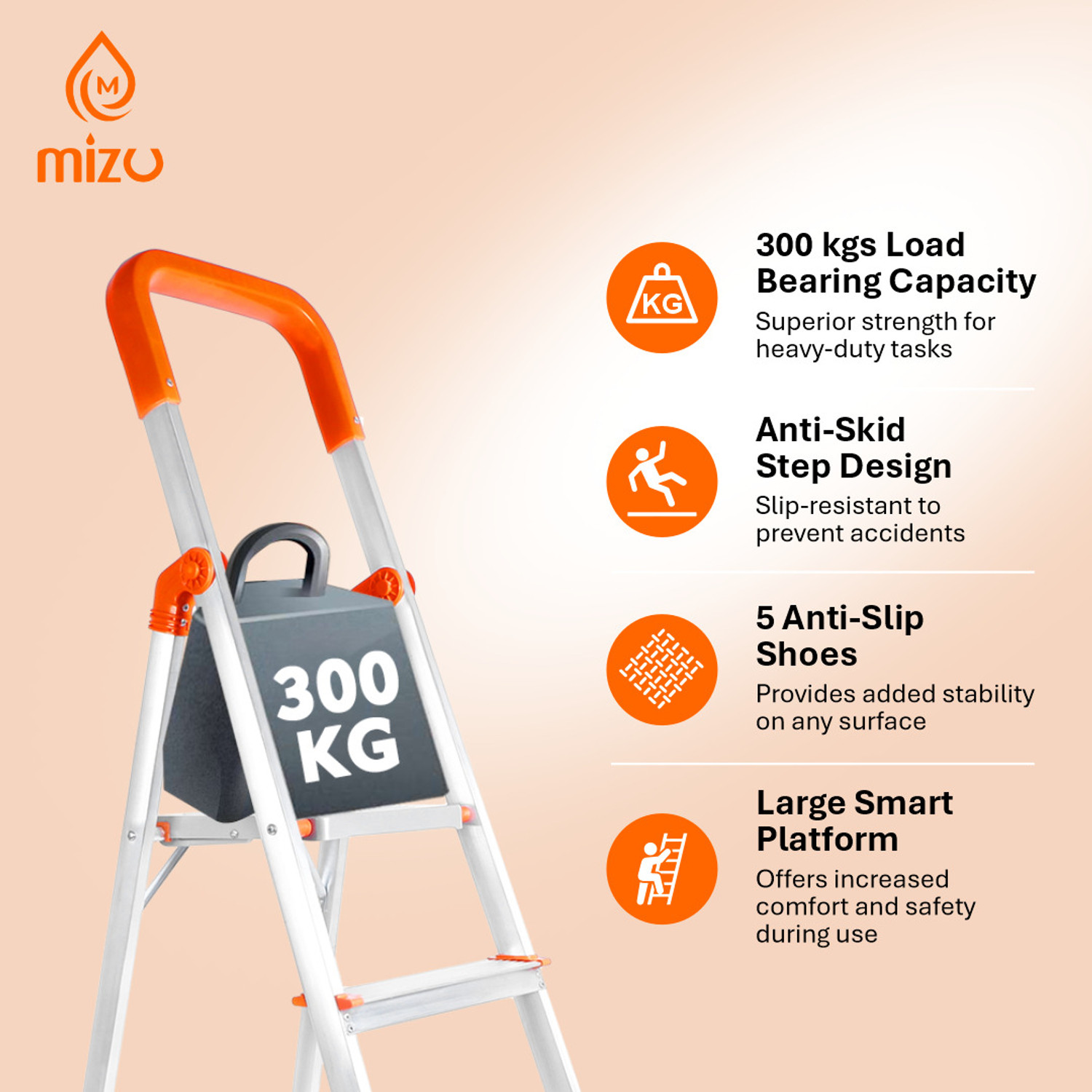 Image of Mizu Exel 8 Steps Ladder For Home With Aluminium Steps & Upto 300 Kgs Load Capacity Steel Ladder