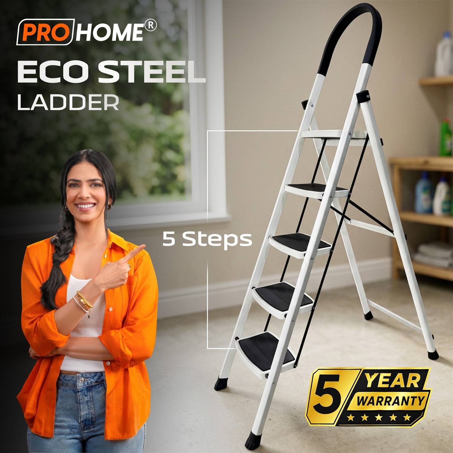 Image of ProHome Vetro 5 Step Foldable Steel Ladder for Home with Anti-Slip Shoes Steel Ladder