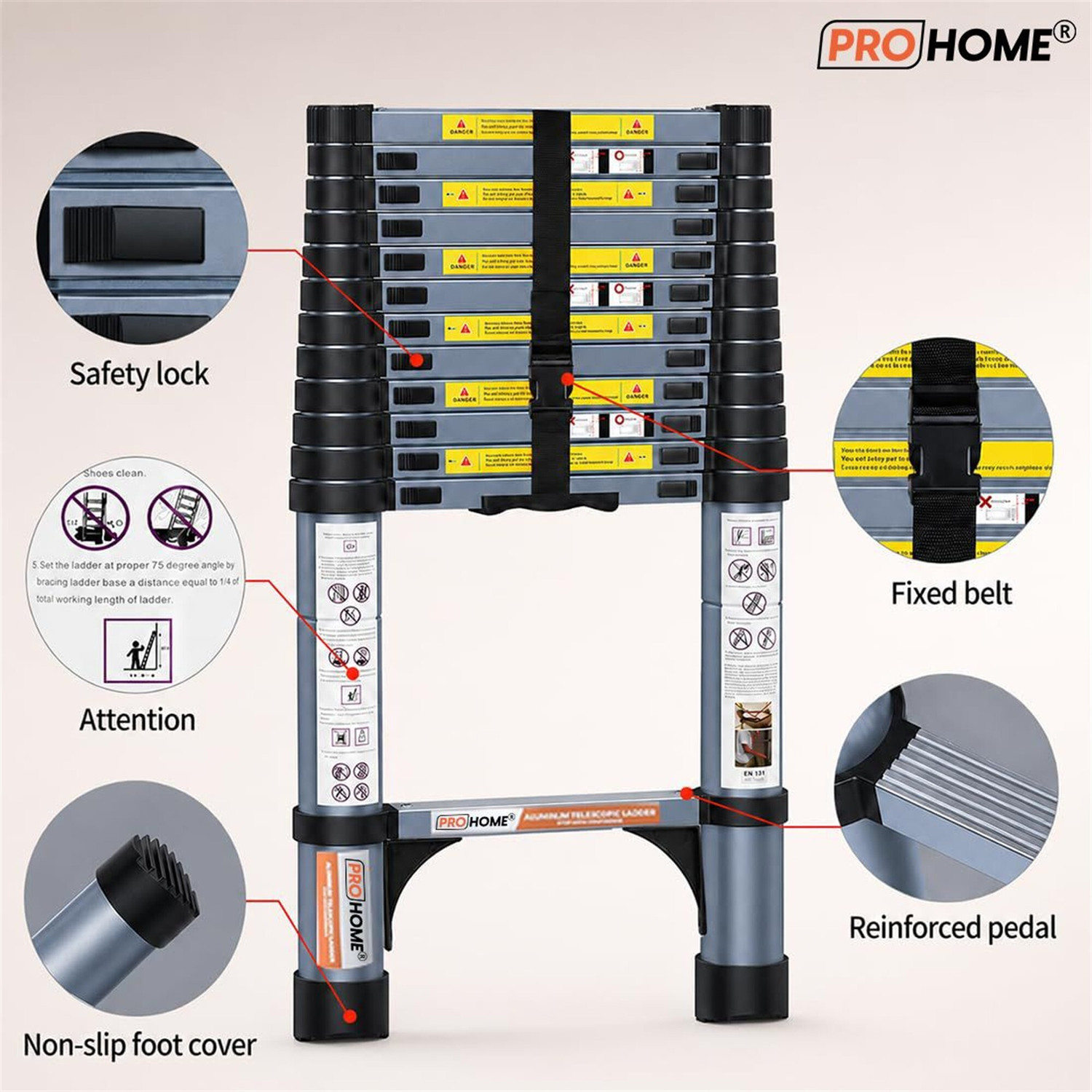 Image of ProHome Portable Telescopic Ladder 12.8ft / 3.9 mtr Extendable Carbon Steel Ladder