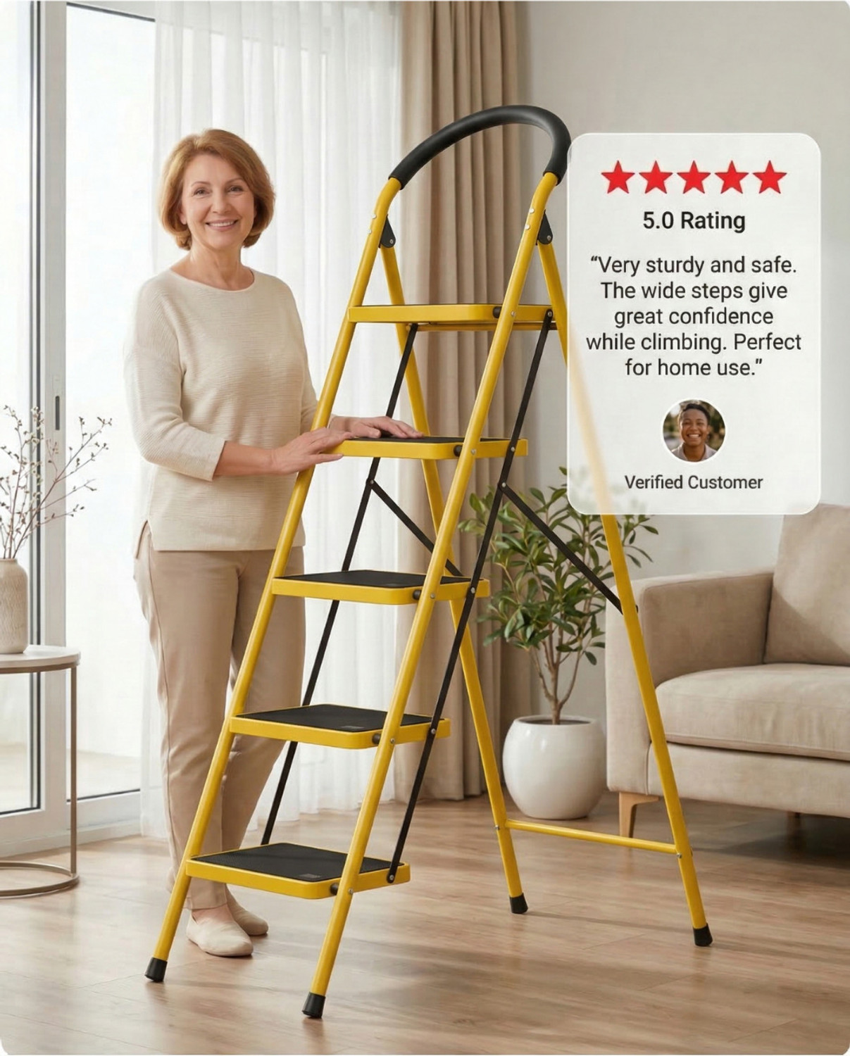 Image of doodad - SAFE 5 Step Yellow Foldable Ladder with Wide Anti-Skid Steps for Home Office Steel Ladder