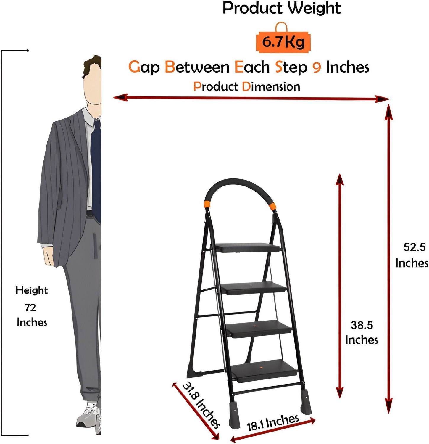 Image of PARASNATH 4 Step Black Diamond Ladder Folding Ladder Multi-Purpose Ladder Mild Steel Ladder