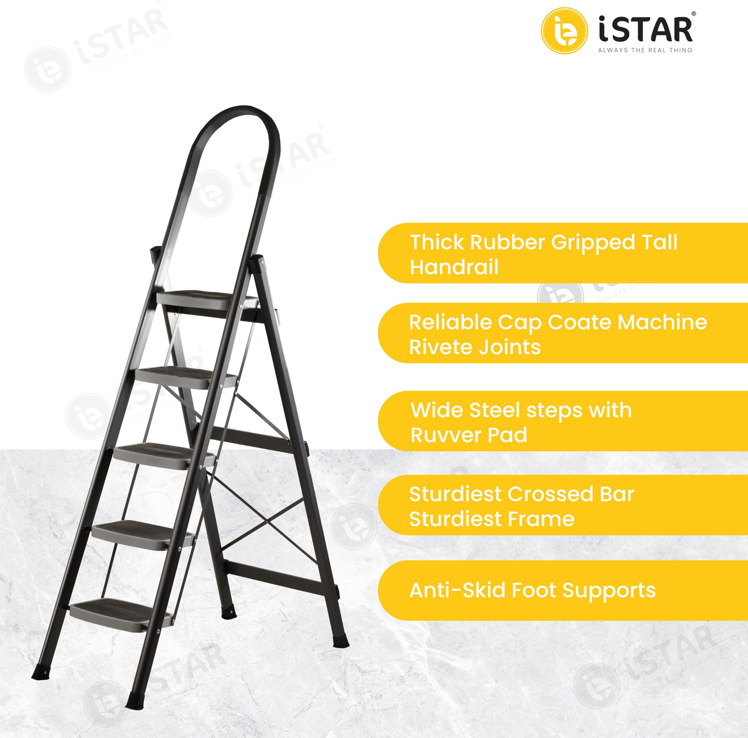 Image of iSTAR Foldable 5-Step Steel Ladder with Hand Grip & Anti-Slip Wide Steps - Durable Steel Ladder