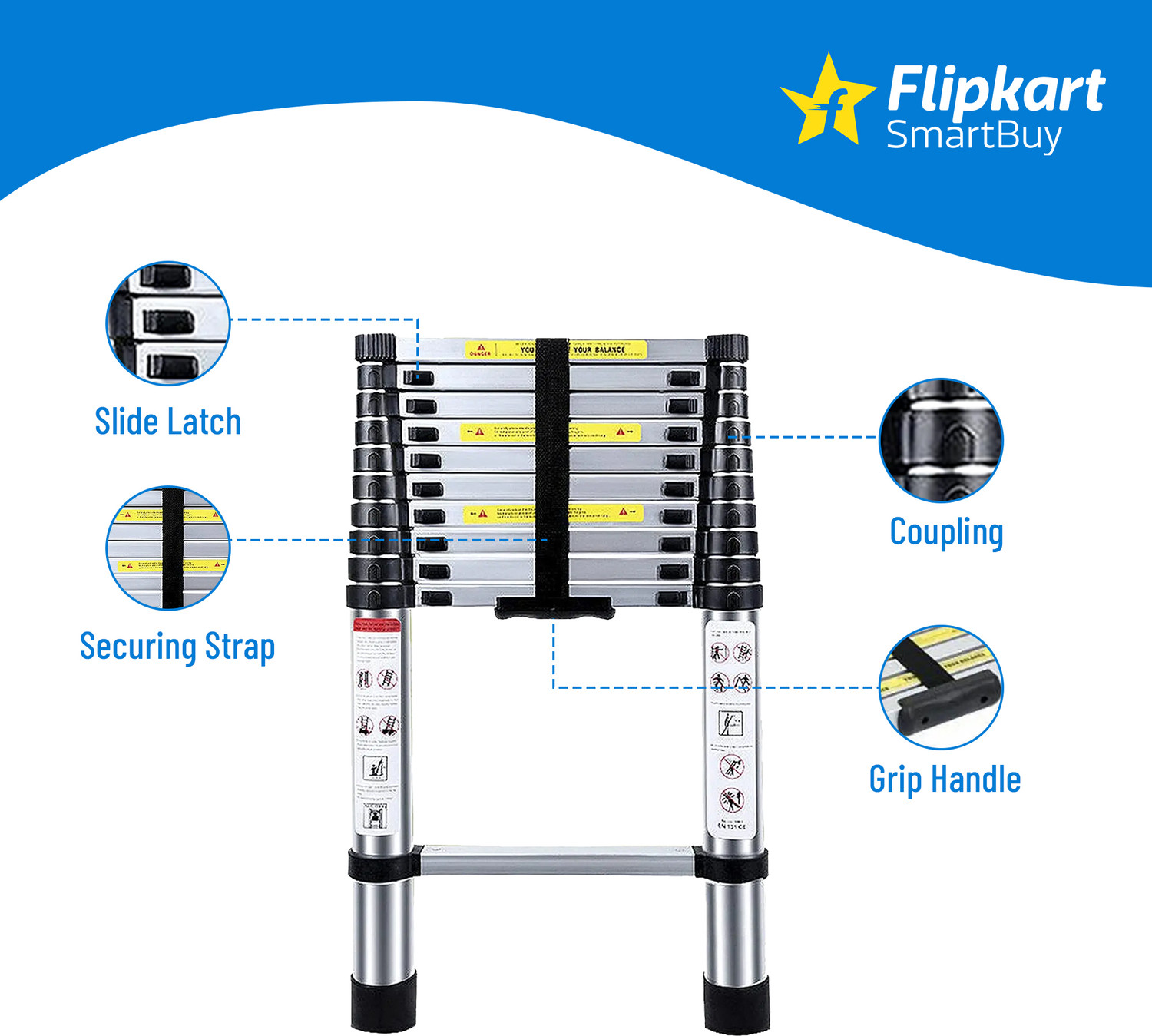 Image of Flipkart SmartBuy 3.2M(10.5FT) Multi-Purpose,Compact & Easy to Carry Telescopic Ladder Extendable Aluminium Ladder
