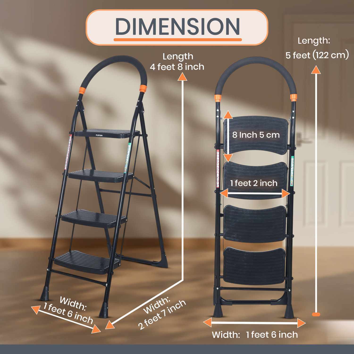 Image of FLIPZON Cameo 4-Step Heavy Duty Foldable Ladder for Home with Anti Skid Shoes Steel Ladder
