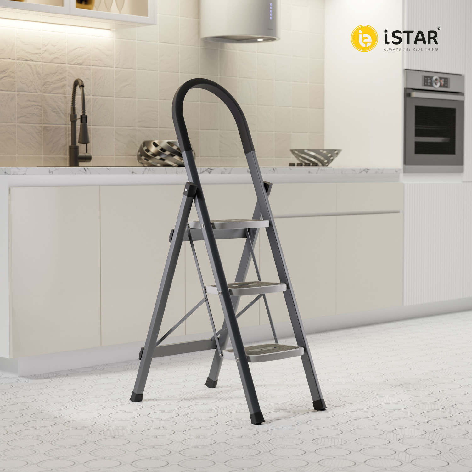 Image of iSTAR Foldable 3-Step Steel Ladder with Hand Grip & Anti-Slip Wide Steps - Durable Steel Ladder