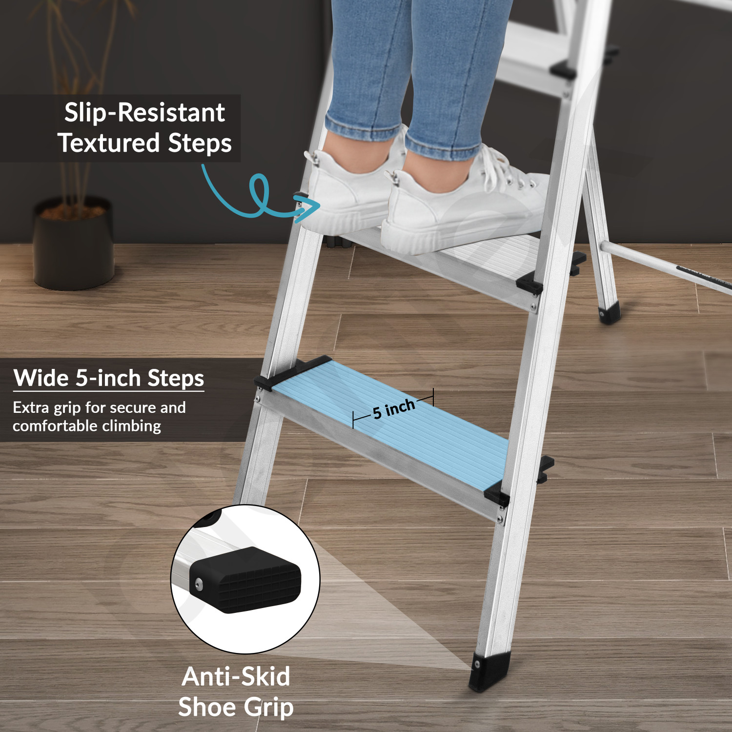 Image of Plantex Premium Big Foot Aluminium Foldable 6 Step Ladder for Home - 6 Wide Steps Ladder Aluminium Ladder