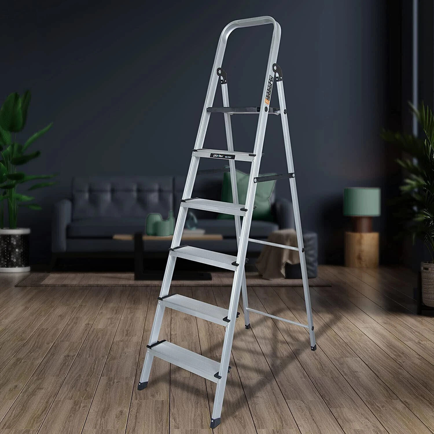 Image of Plantex Premium Big Foot Aluminium Foldable 6 Step Ladder for Home - 6 Wide Steps Ladder Aluminium Ladder
