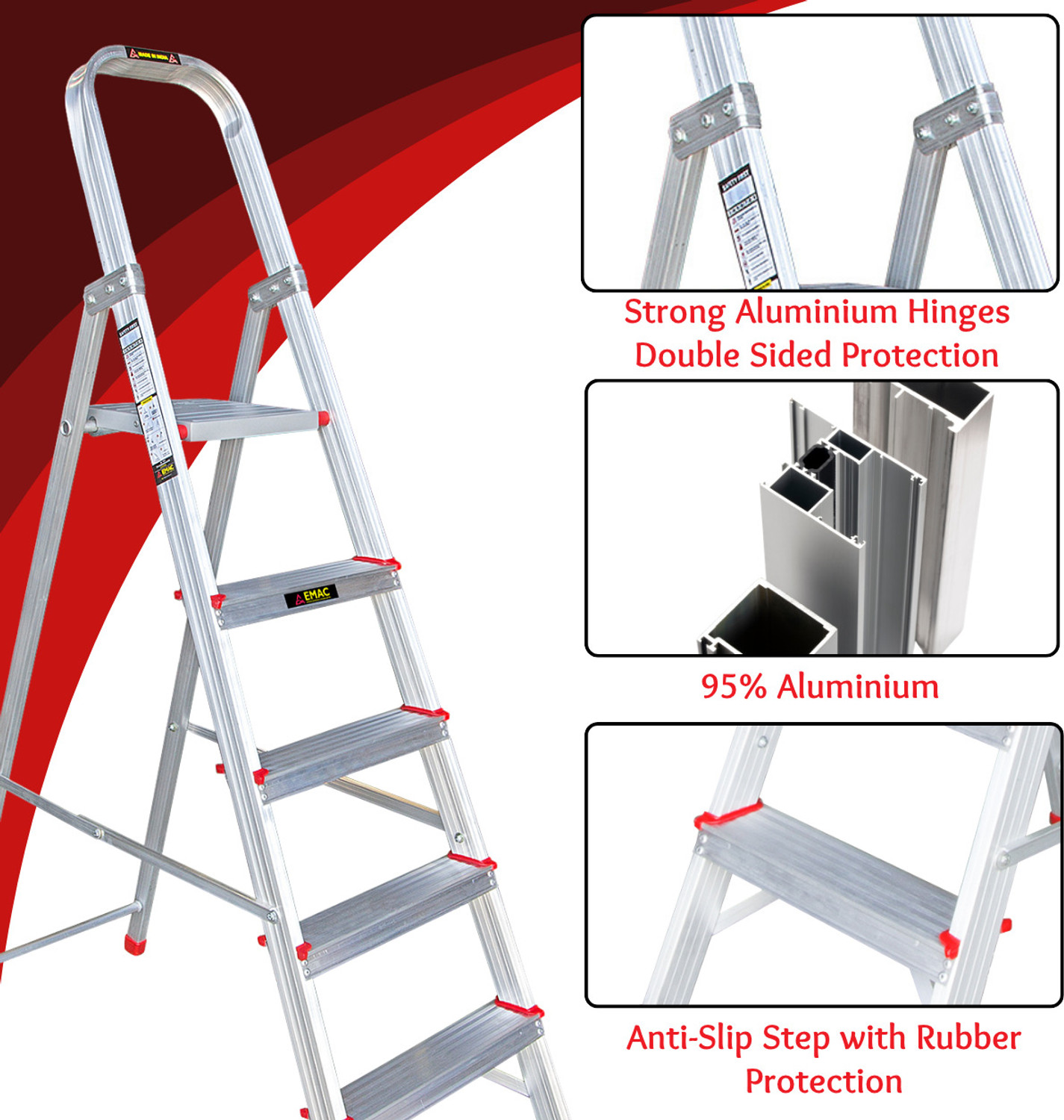 Image of EMAC Aluminium 8 Step 3 Inch Wide Step Ladder For Home And Office Use Aluminium Ladder