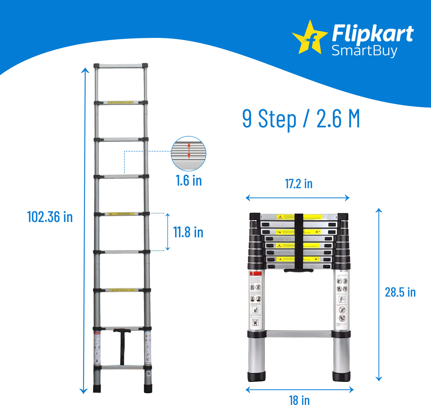 Image of Flipkart SmartBuy 2.6M(8.5FT) Multi-Purpose,Compact & Easy to Carry Telescopic Ladder Extendable Aluminium Ladder