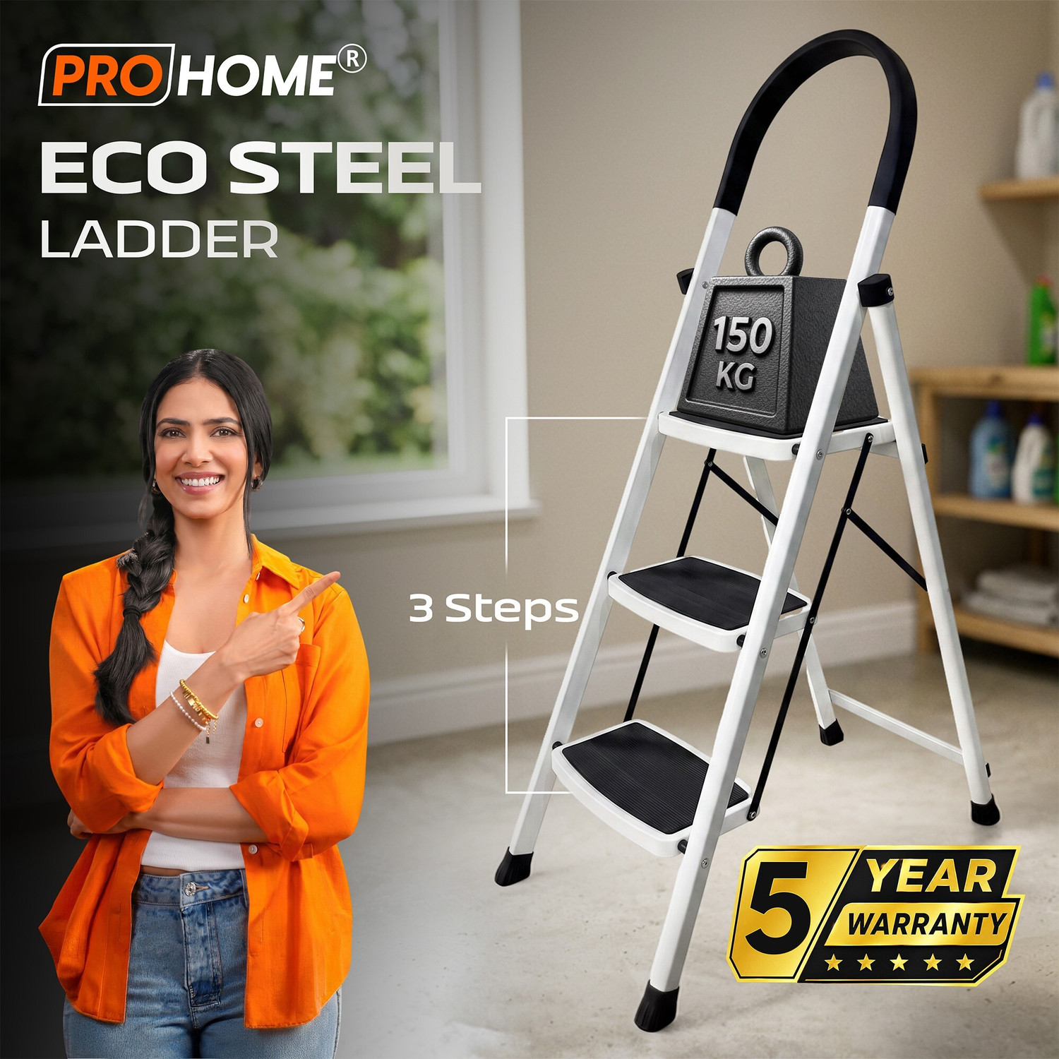 Image of ProHome Vetro 3 Step Foldable Steel Ladder for Home with Anti-Slip Shoes Steel Ladder