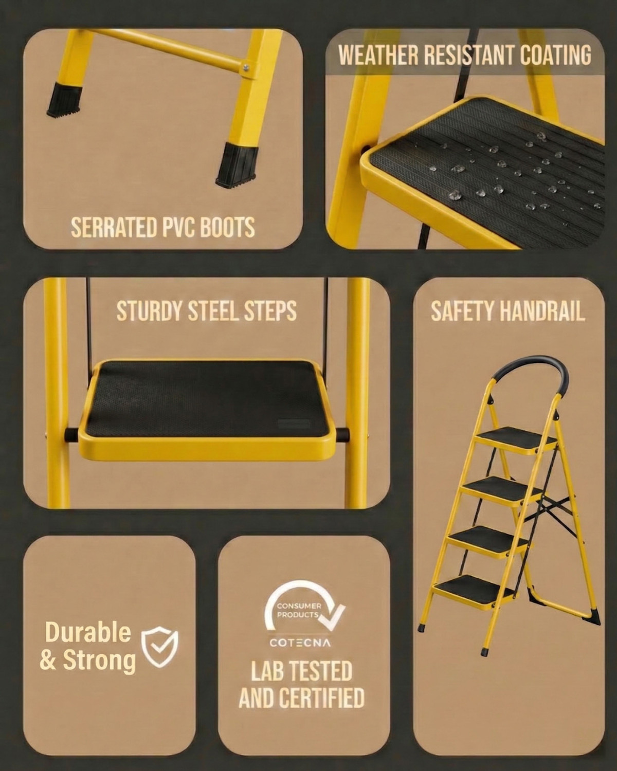 Image of doodad - SAFE 4 Step Yellow Foldable Ladder with Wide Anti-Skid Steps for Home Office Steel Ladder