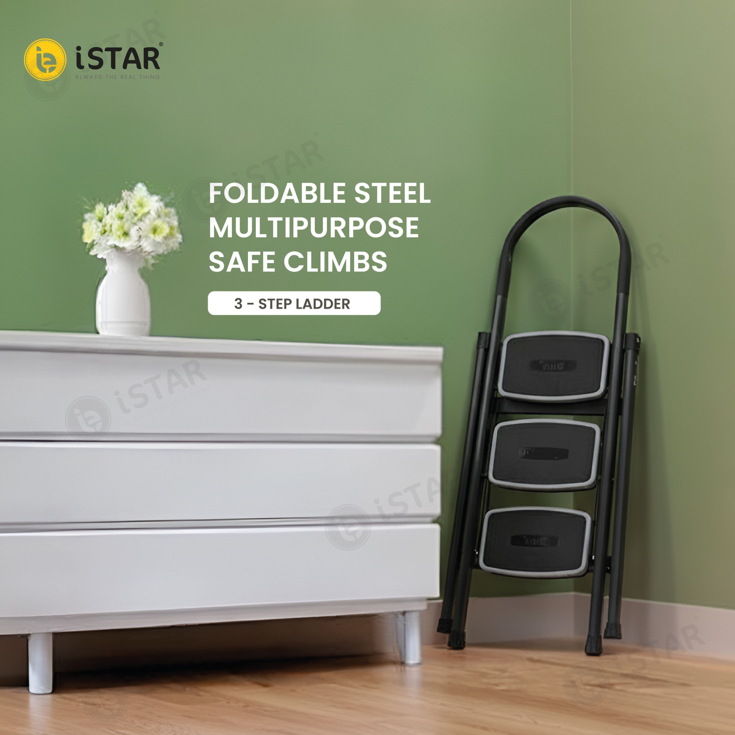 Image of iSTAR Foldable 3-Step Steel Ladder with Hand Grip & Anti-Slip Wide Steps - Durable Steel Ladder