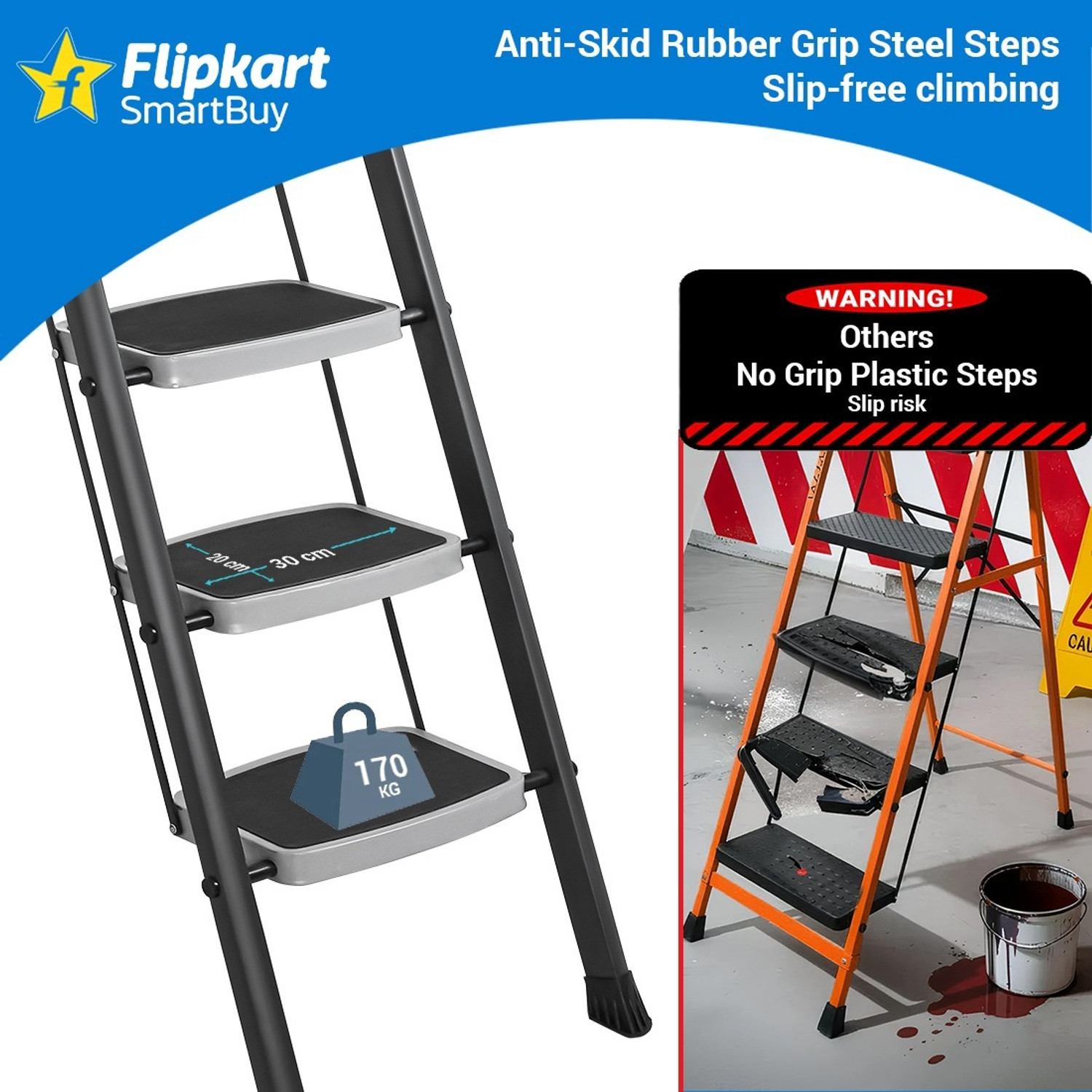 Image of Flipkart SmartBuy Flipkart SmartBuy Anti-Skid Strong Foldable Wide 5 Step Ladder for Home-Grey Steel Ladder