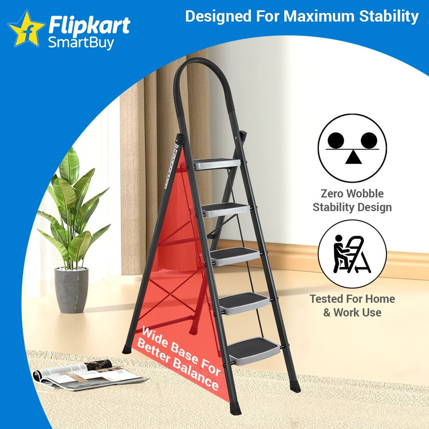Image of Flipkart SmartBuy Flipkart SmartBuy Anti-Skid Strong Foldable Wide 5 Step Ladder for Home-Grey Steel Ladder