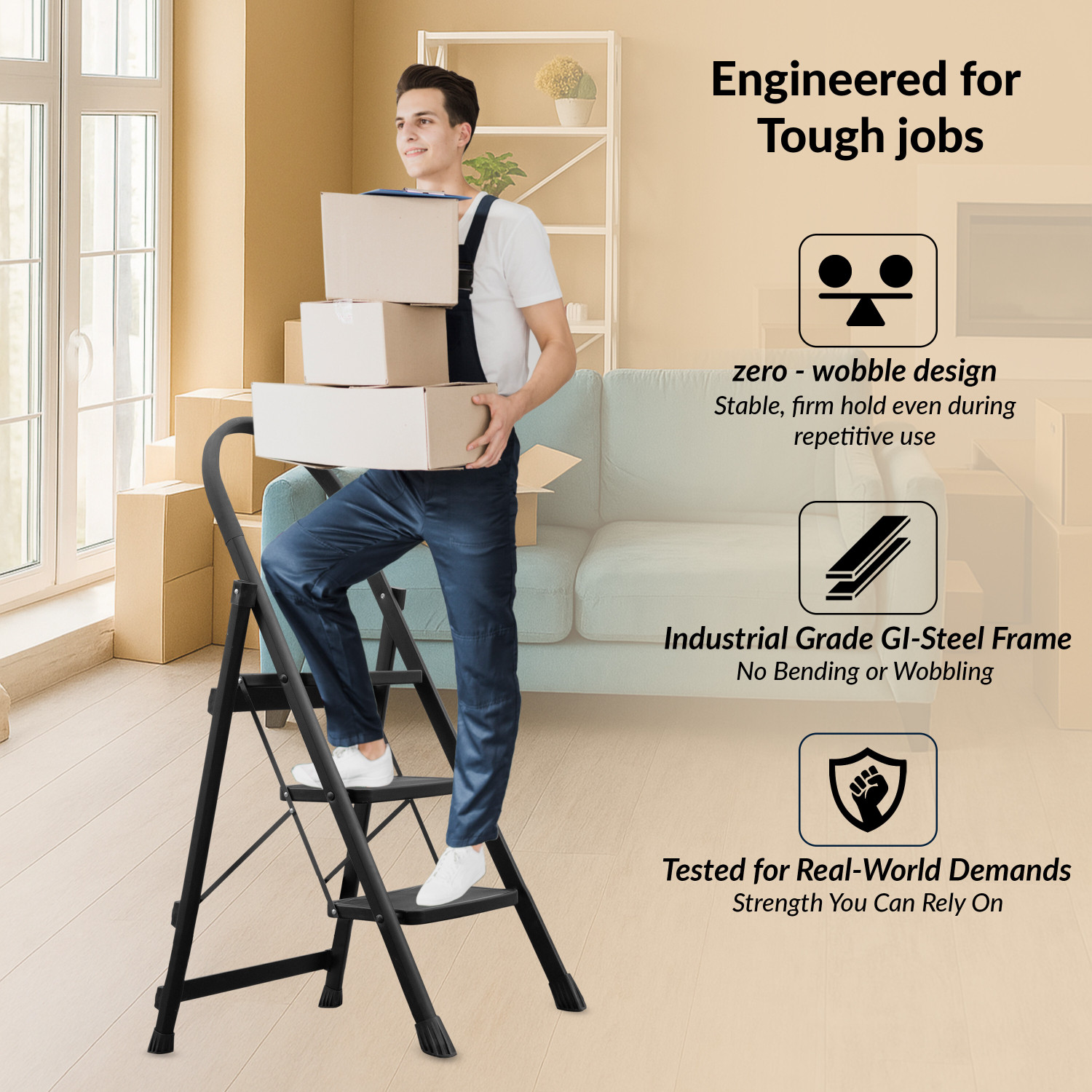 Image of Plantex Step Ladder for Home /Foldable 3 Step Ladder /Anti Skid Wide Step Ladder Steel Ladder