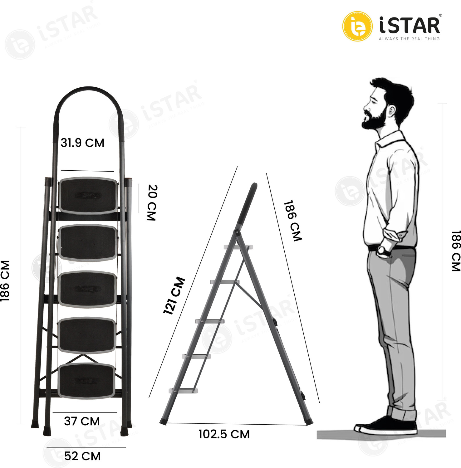 Image of iSTAR Foldable 5-Step Steel Ladder with Hand Grip & Anti-Slip Wide Steps - Durable Steel Ladder