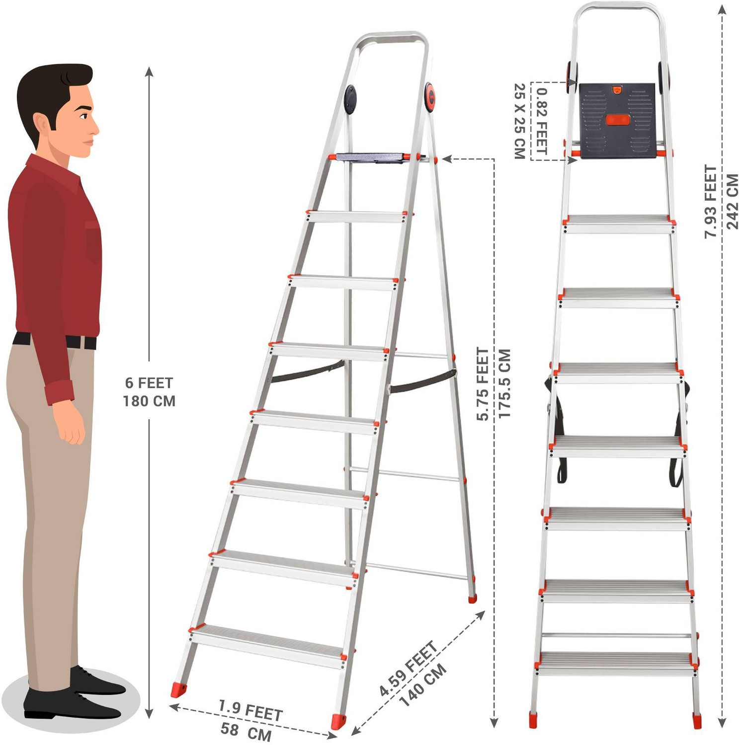 Image of Bathla Advance Pro 8-Step Foldable Aluminium Ladder for Home | Orange | 7-Year Warranty Aluminium Ladder