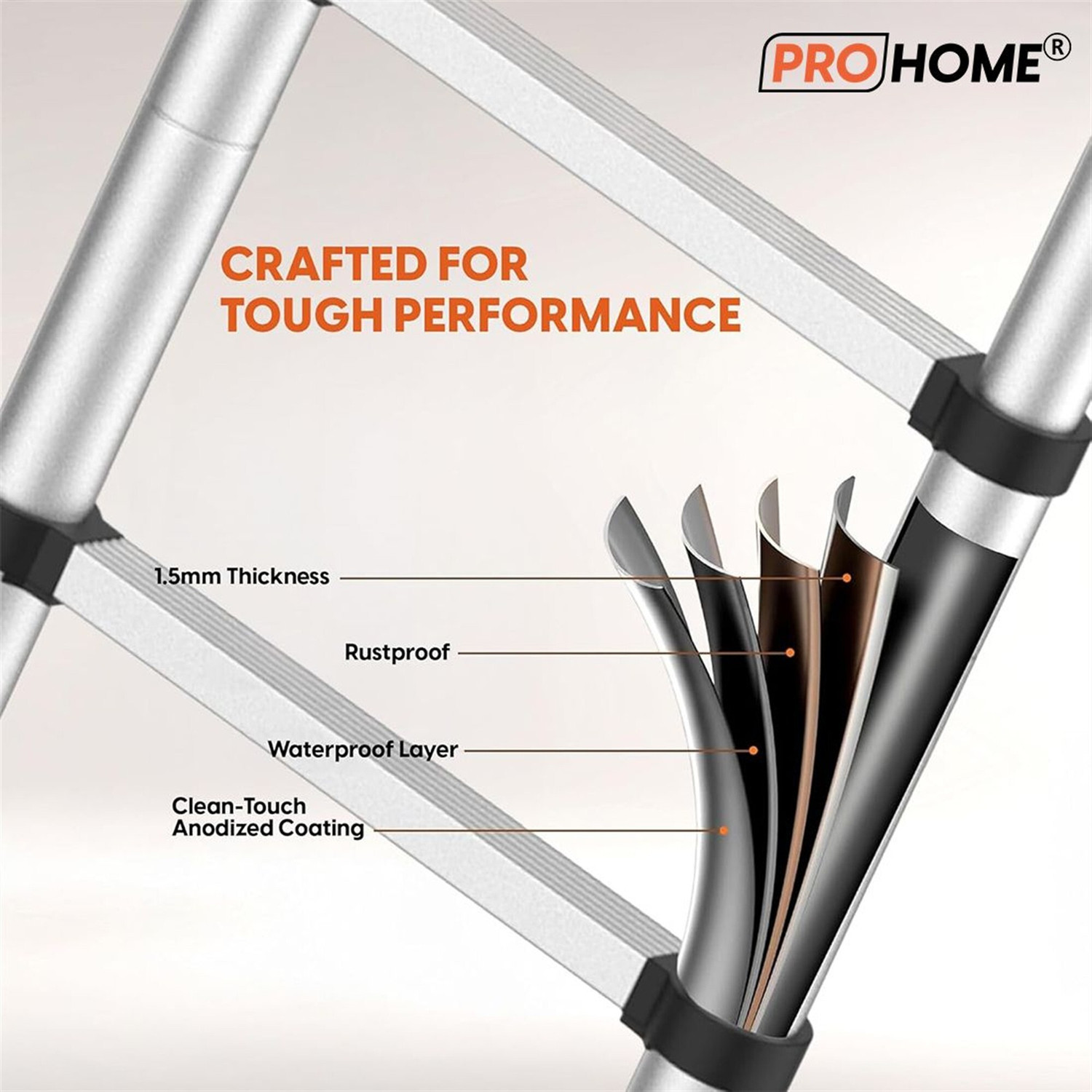 Image of ProHome 8.8ft Portable Telescopic Ladder 2.7 mtr Extendable Carbon Steel Steel Ladder