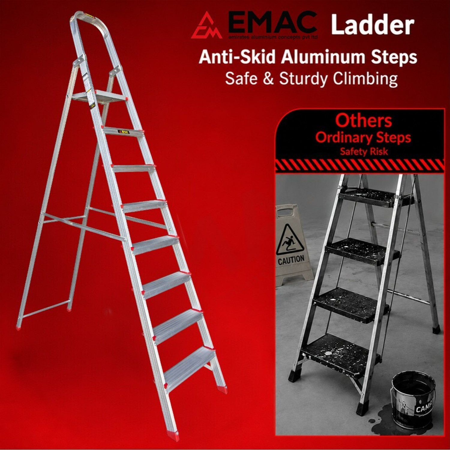 Image of EMAC Aluminium 8 Step 3 Inch Wide Step Ladder For Home And Office Use Aluminium Ladder