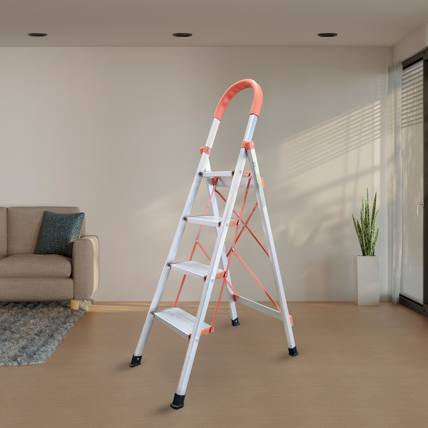 Image of iBELL IBL JY104 4-Step Heavy-Duty Foldable Aluminium Ladder, Anti-Slip Wide Pedals Aluminium Ladder