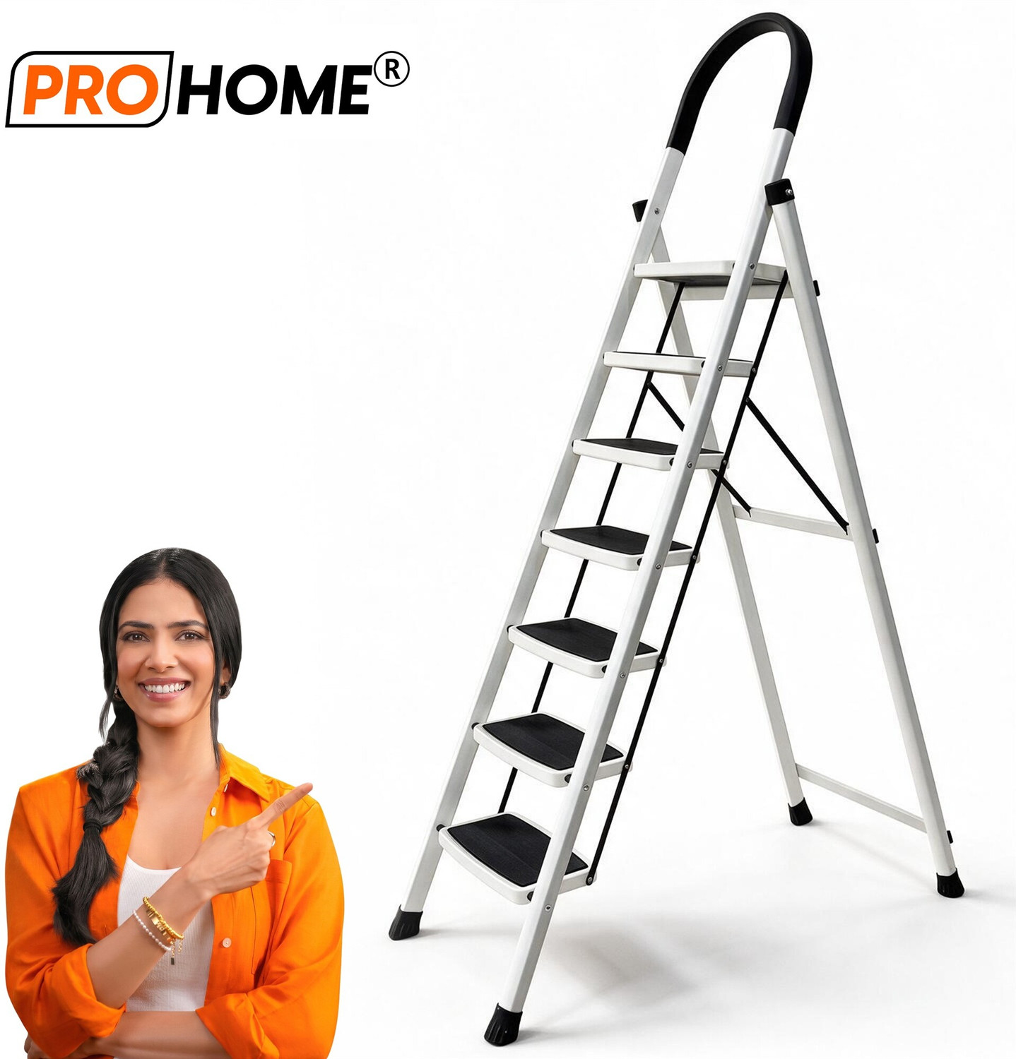 Image of ProHome Vetro 7 Step Foldable Steel Ladder for Home with Anti-Slip Shoes Steel Ladder
