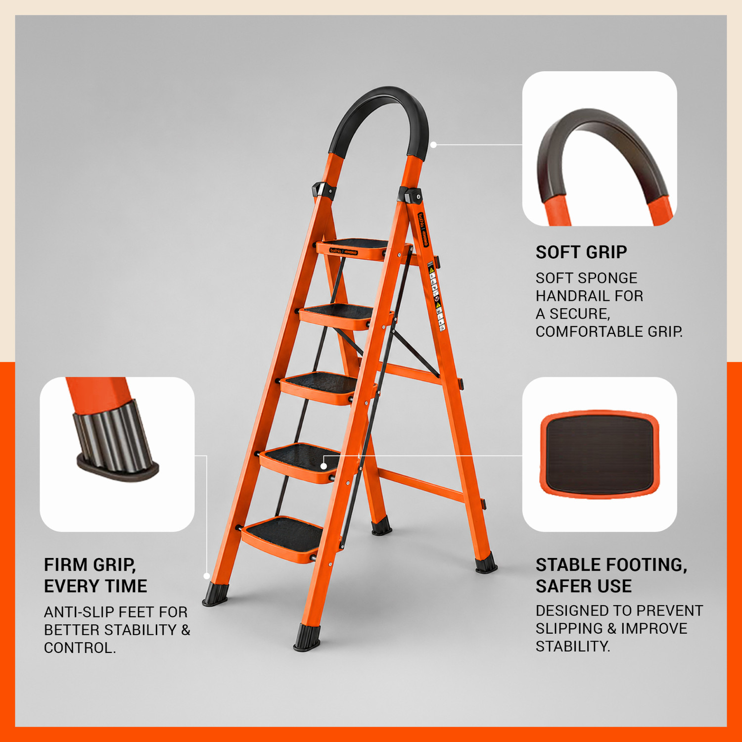 Bathla Rhino 5-Step Heavy Duty Foldable Steel Ladder, Orange, 2-Year ...
