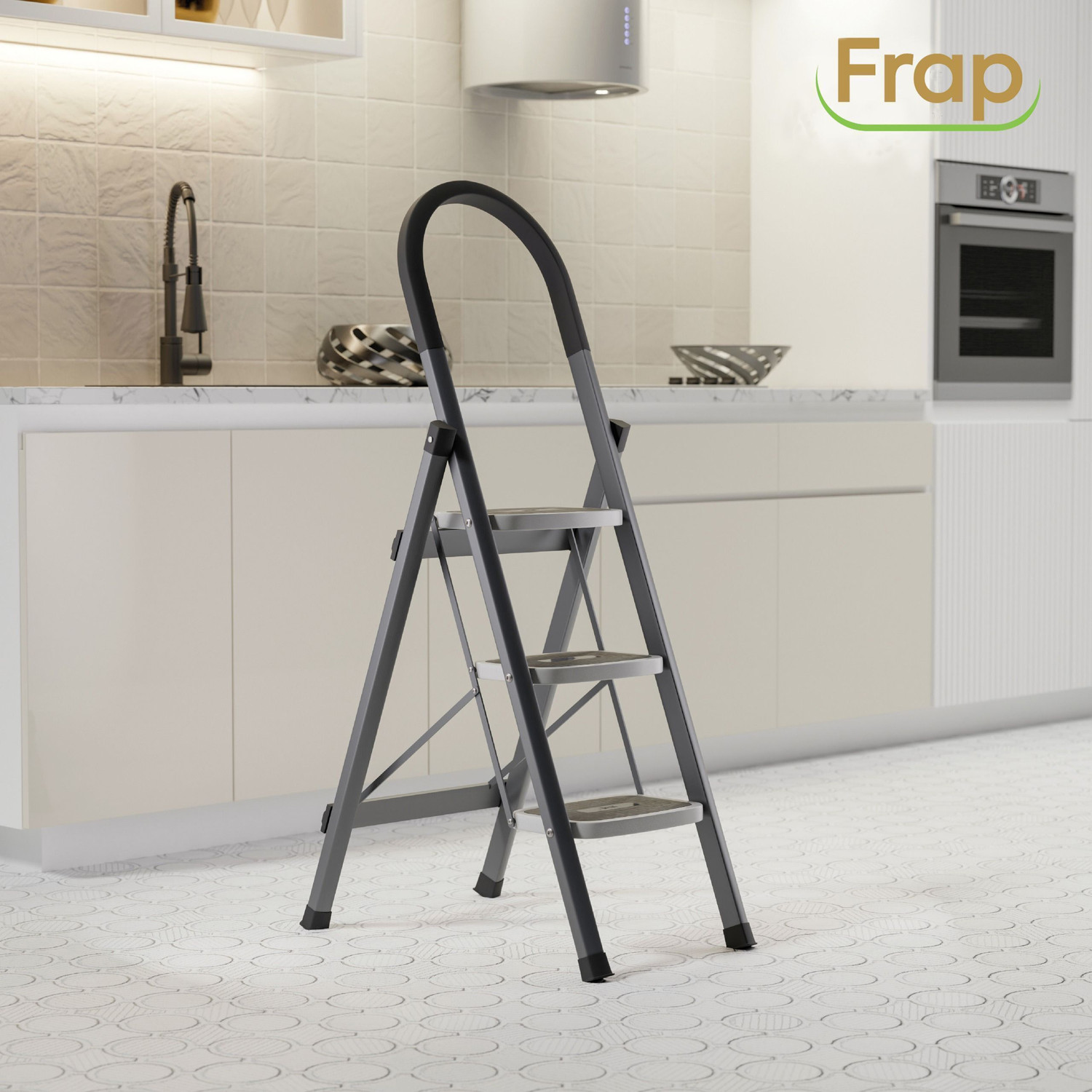 Image of Frap Foldable 3-Step Steel Ladder with Hand Grip & Anti-Slip Wide Steps - Durable Steel Ladder