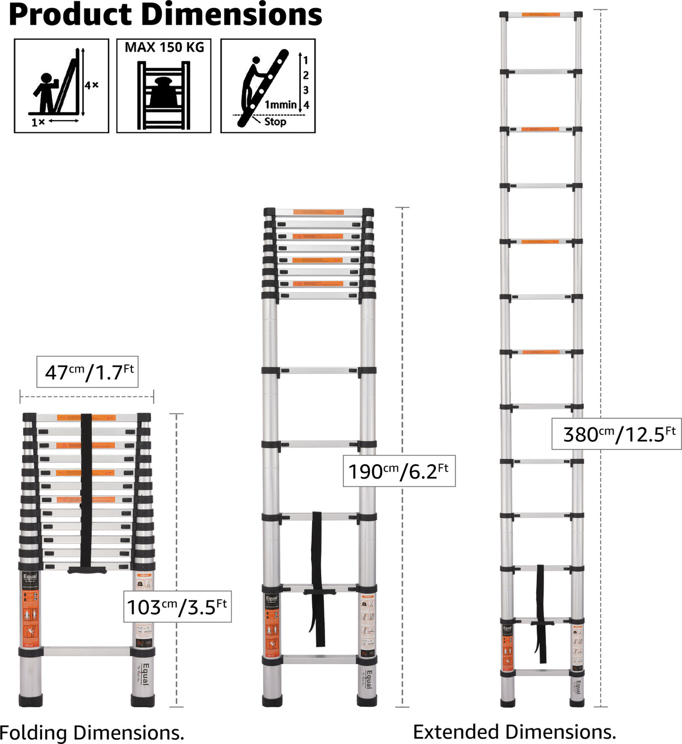 Image of Equal 12.5 ft Telescopic 14 Steps Aluminium Folding Portable Ladder (Finger Protect) Aluminium Ladder