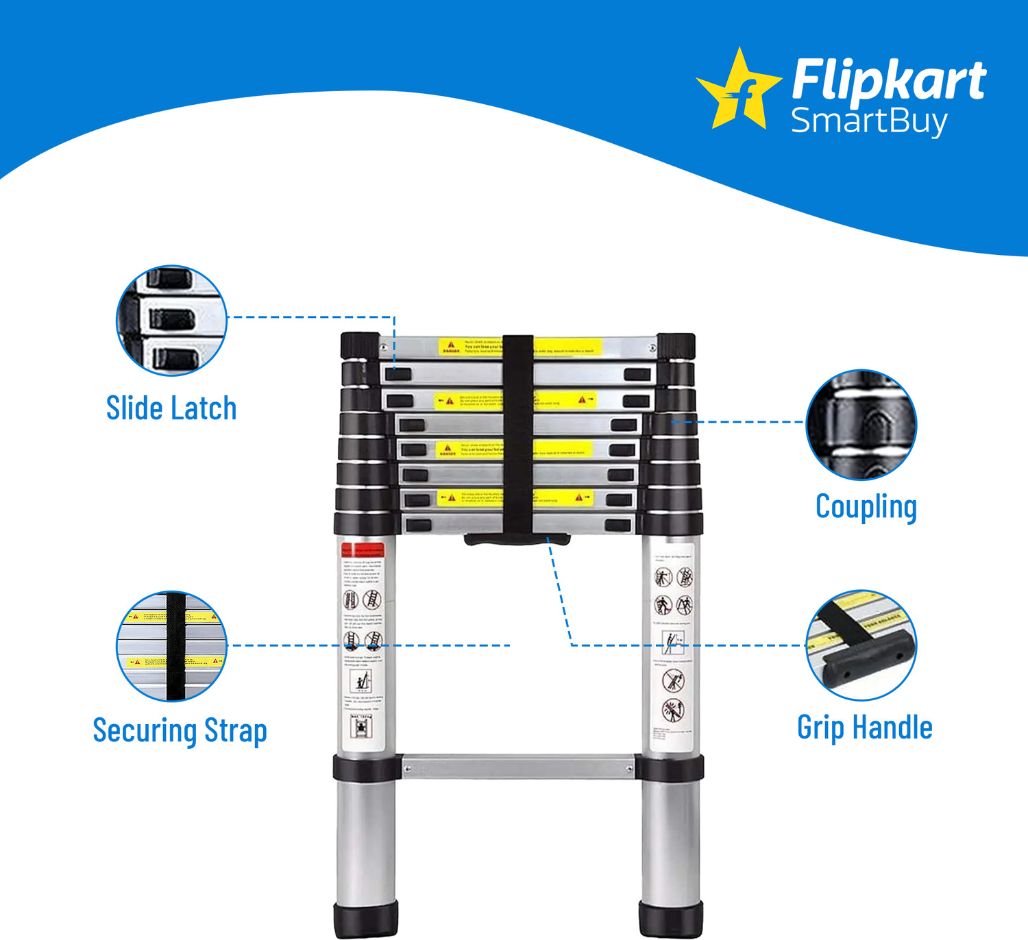 Image of Flipkart SmartBuy 2.6M(8.5FT) Multi-Purpose,Compact & Easy to Carry Telescopic Ladder Extendable Aluminium Ladder